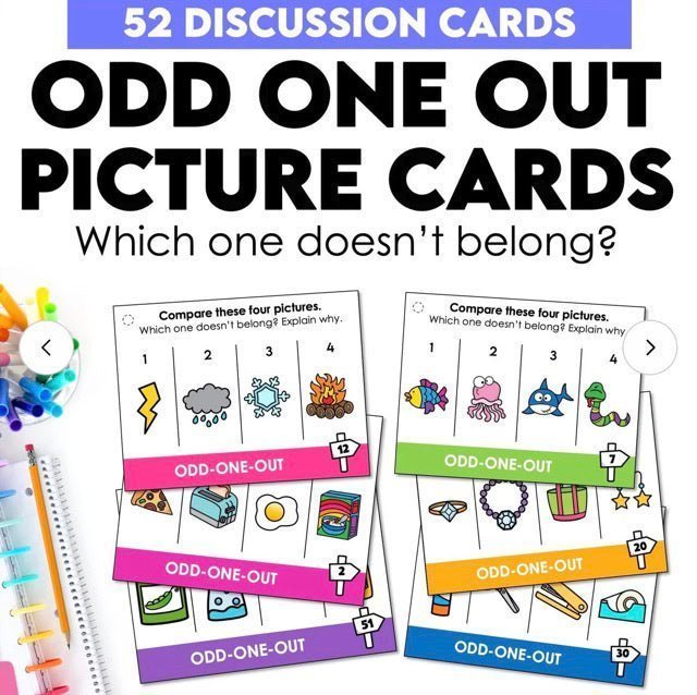 Odd one out picture discussion cards for ESL speaking and critical thinking activities where students explain which picture does not belong and why.