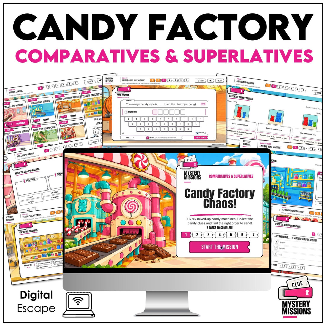 Candy Factory Chaos comparatives and superlatives digital escape room for Grades 2–4