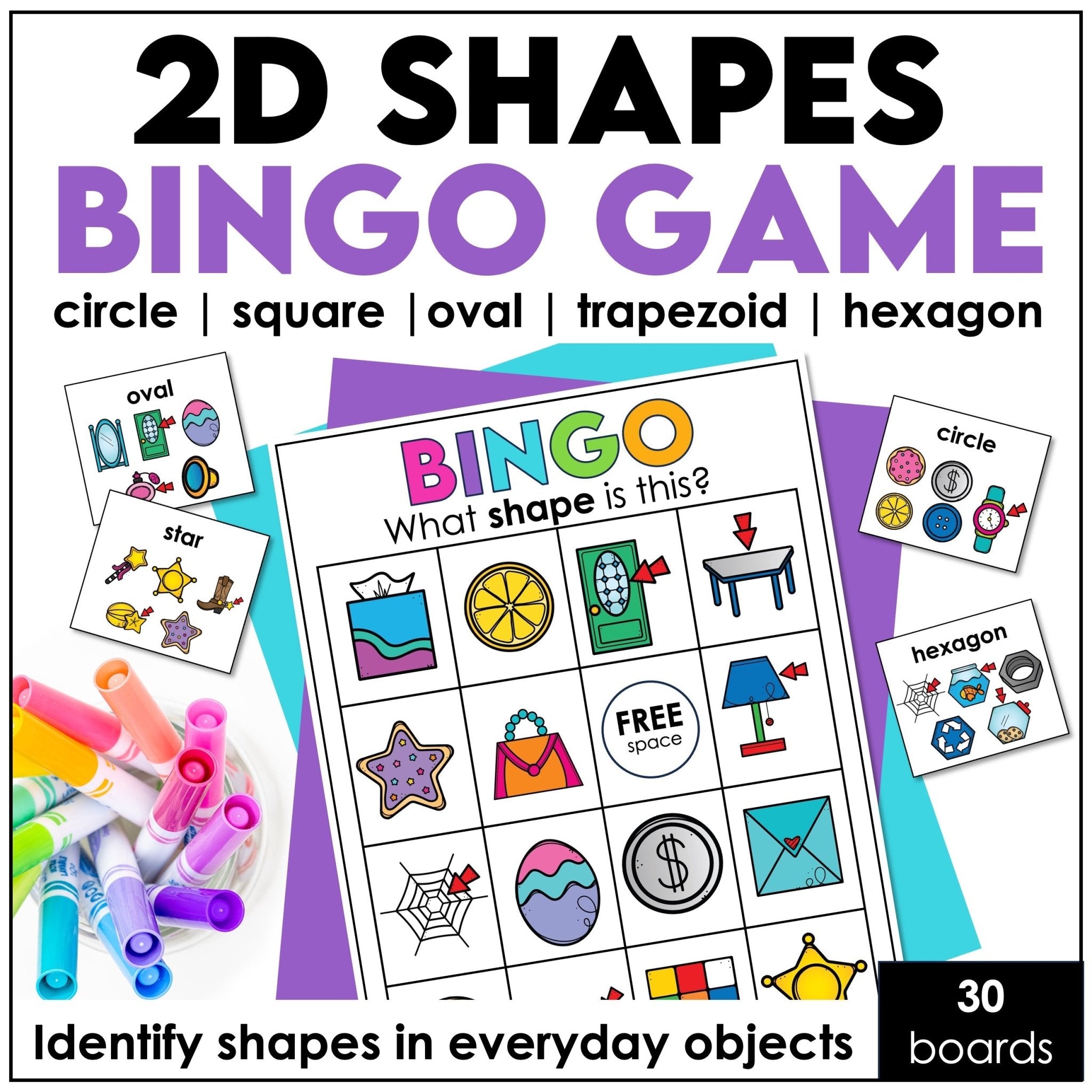 2D Shape Bingo Game – Kindergarten Shape Recognition & ESL Shapes Activity - Hot Chocolate Teachables
