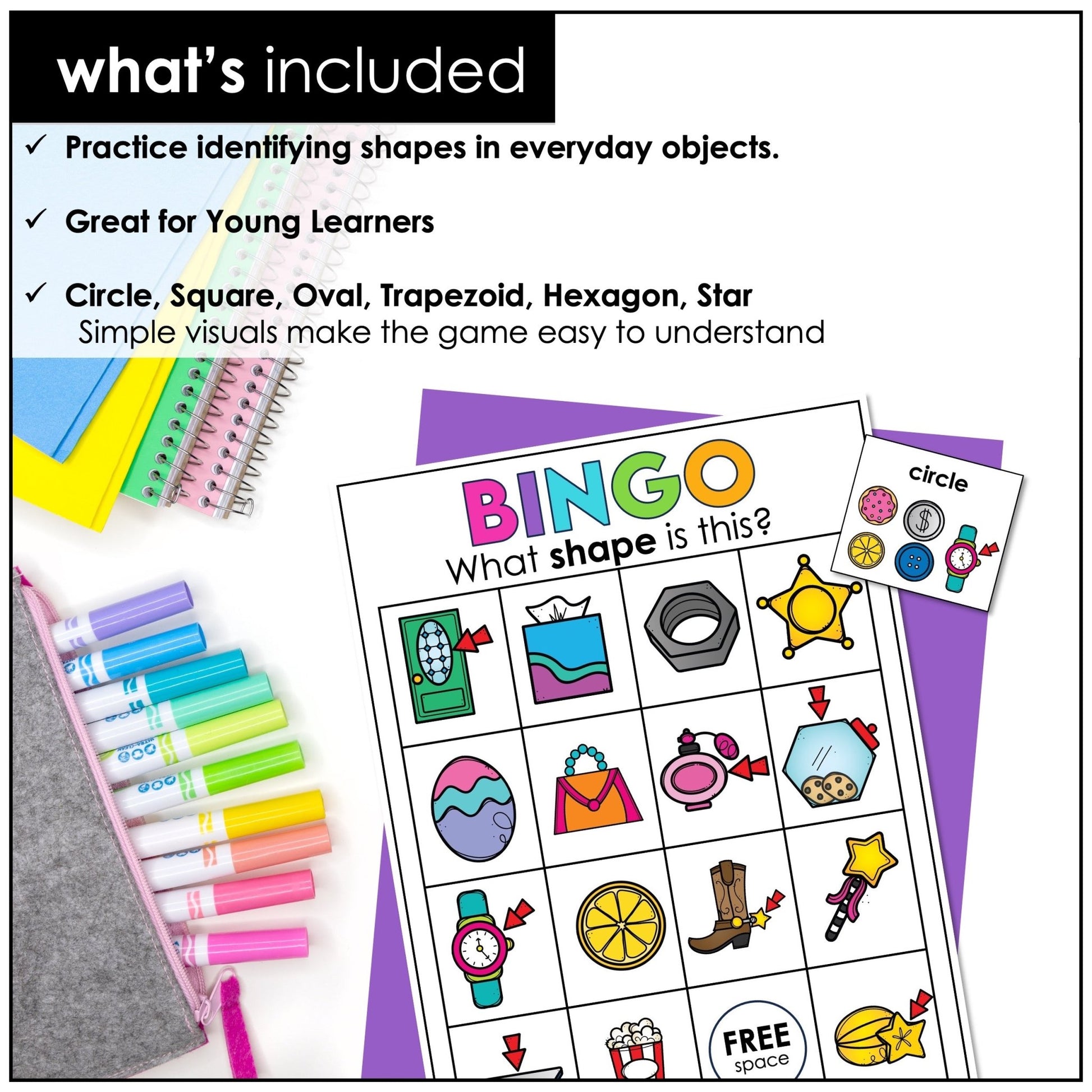 2D Shape Bingo Game – Kindergarten Shape Recognition & ESL Shapes Activity - Hot Chocolate Teachables