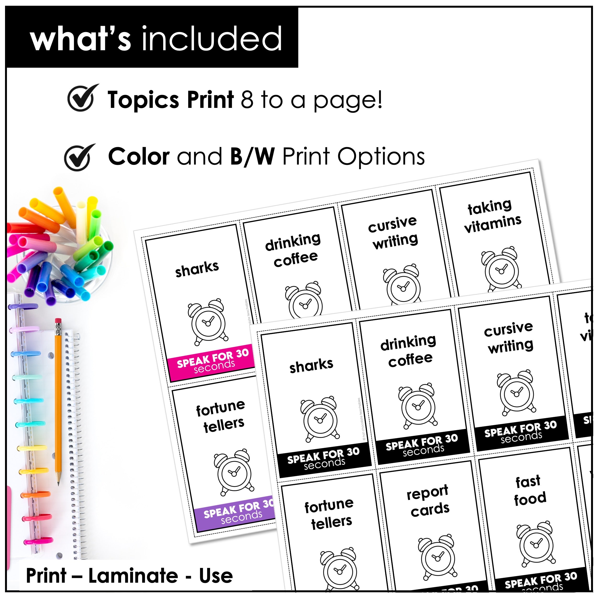 ESL Speaking Topic Prompts - Speak for 30 Seconds Discussion Cards