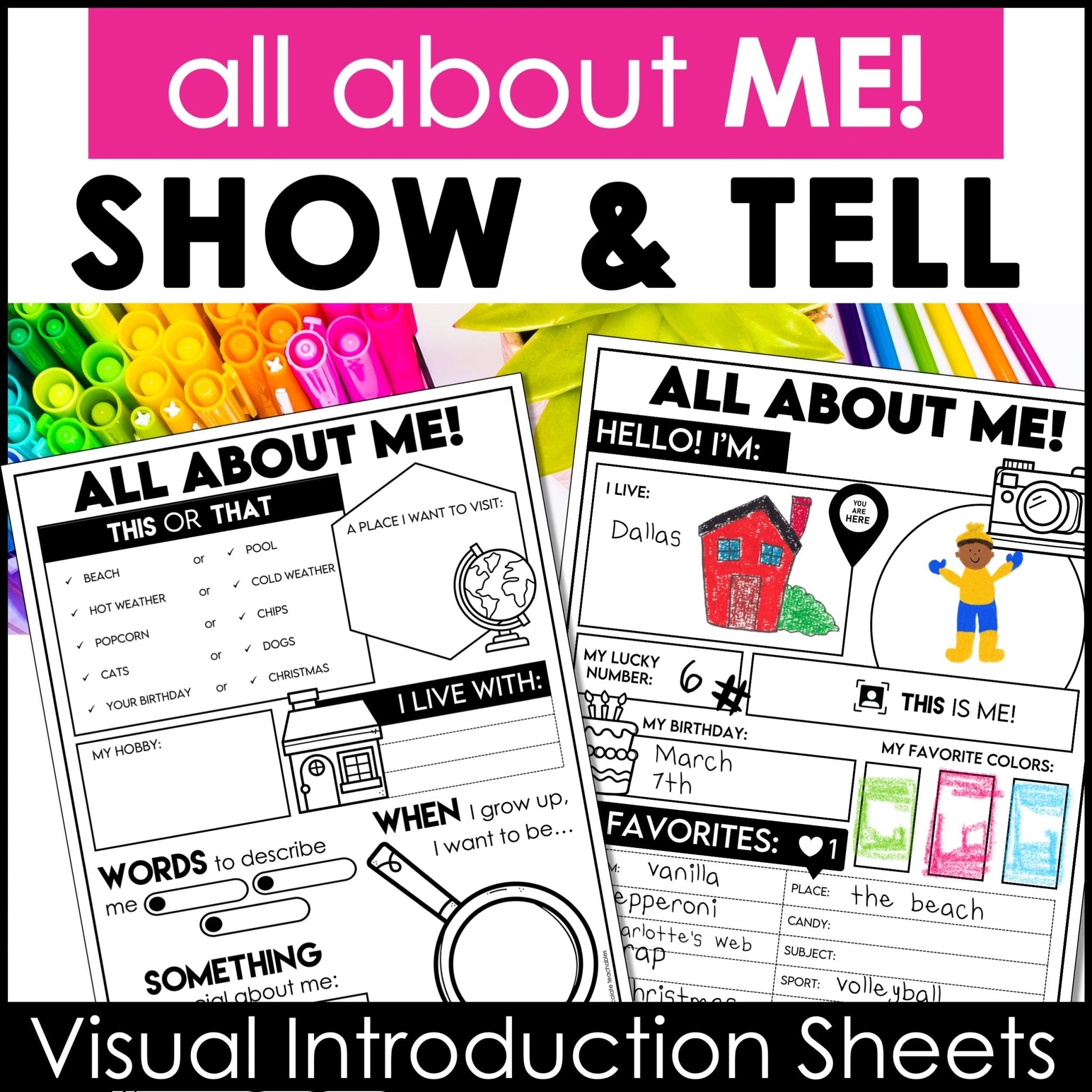 ABOUT ME - Back to School Show and Tell Student Introduction Worksheets - Hot Chocolate Teachables