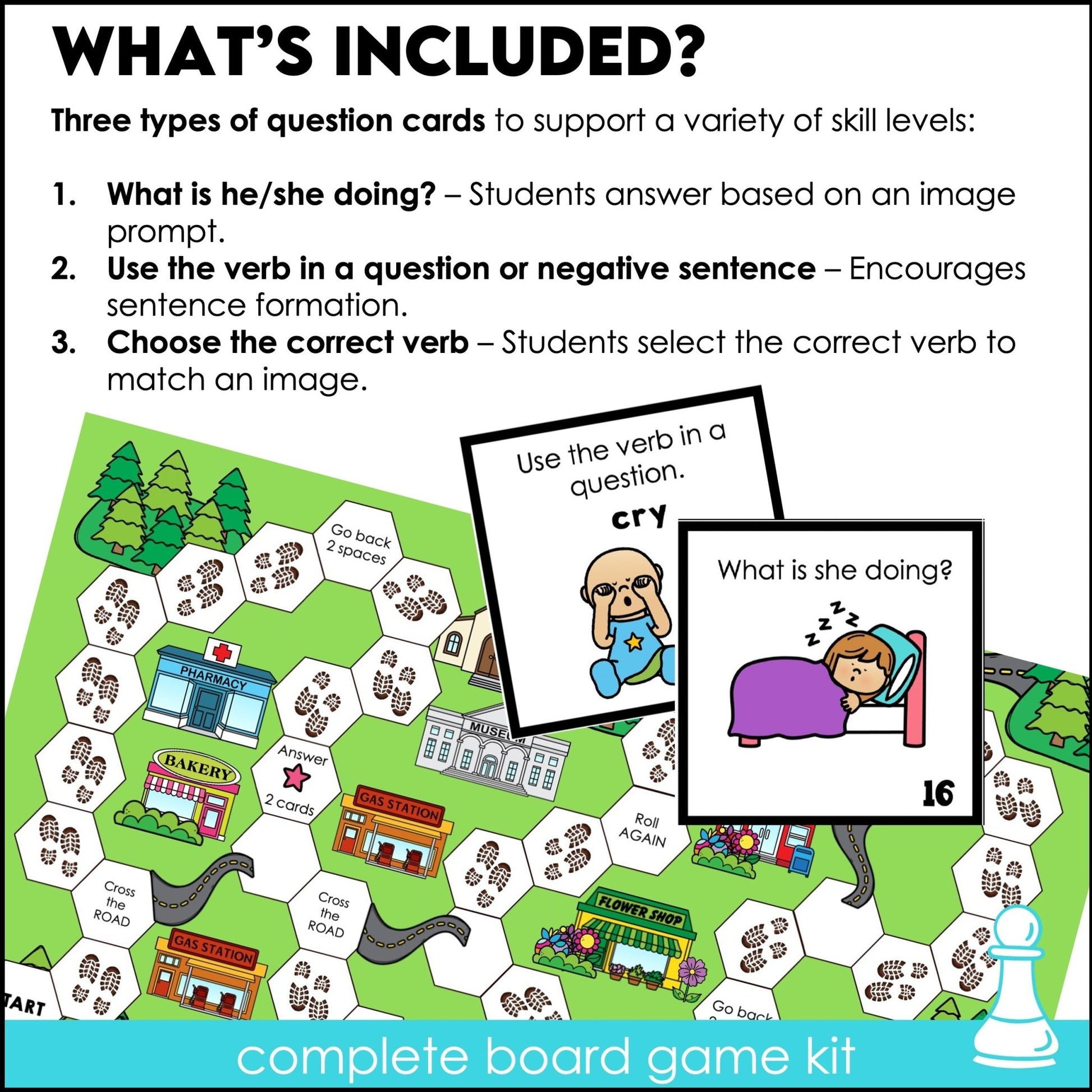 Action Verb Board Game - Present Continuous - Making Sentences & Questions