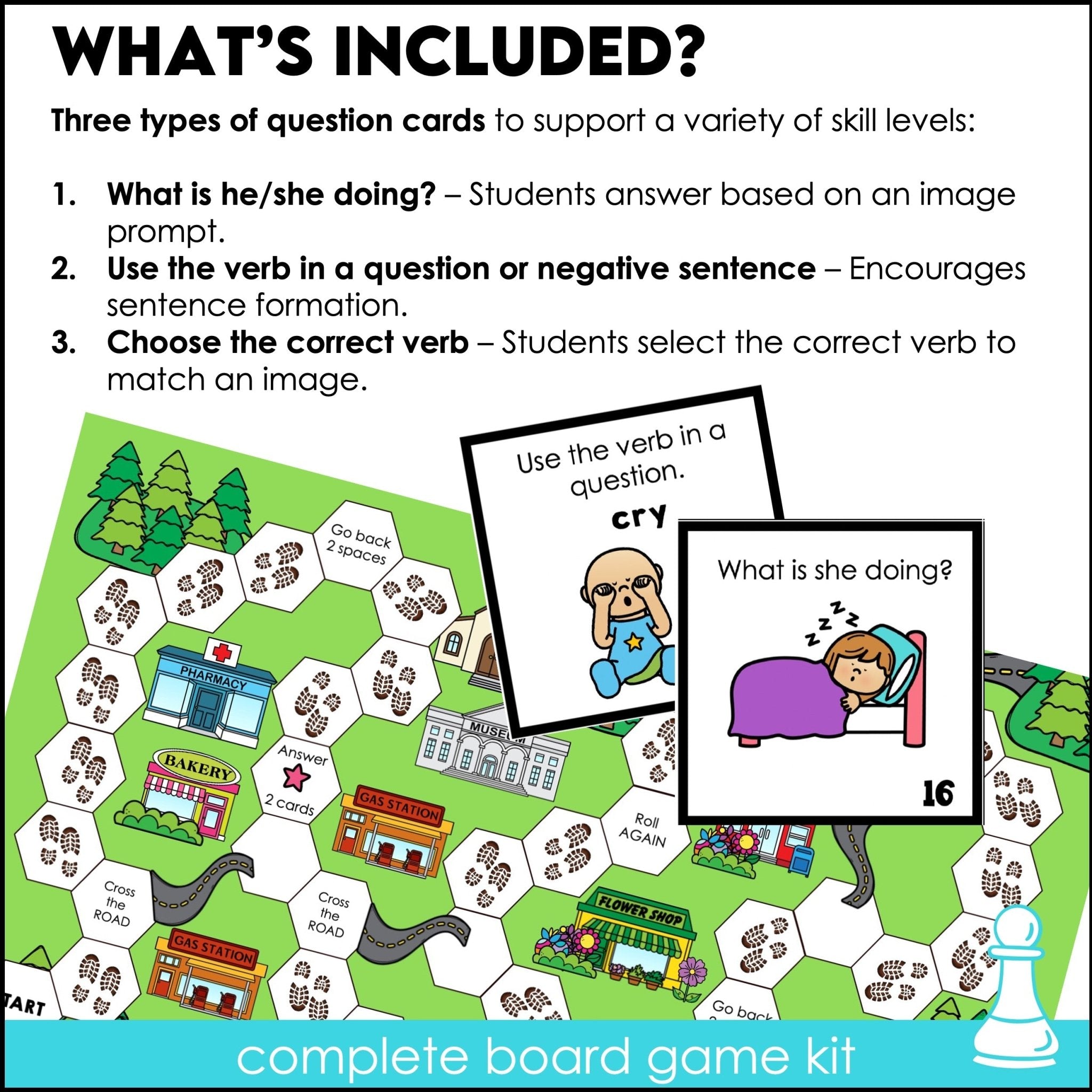 Action Verb Board Game - Present Continuous - Making Sentences & Questions