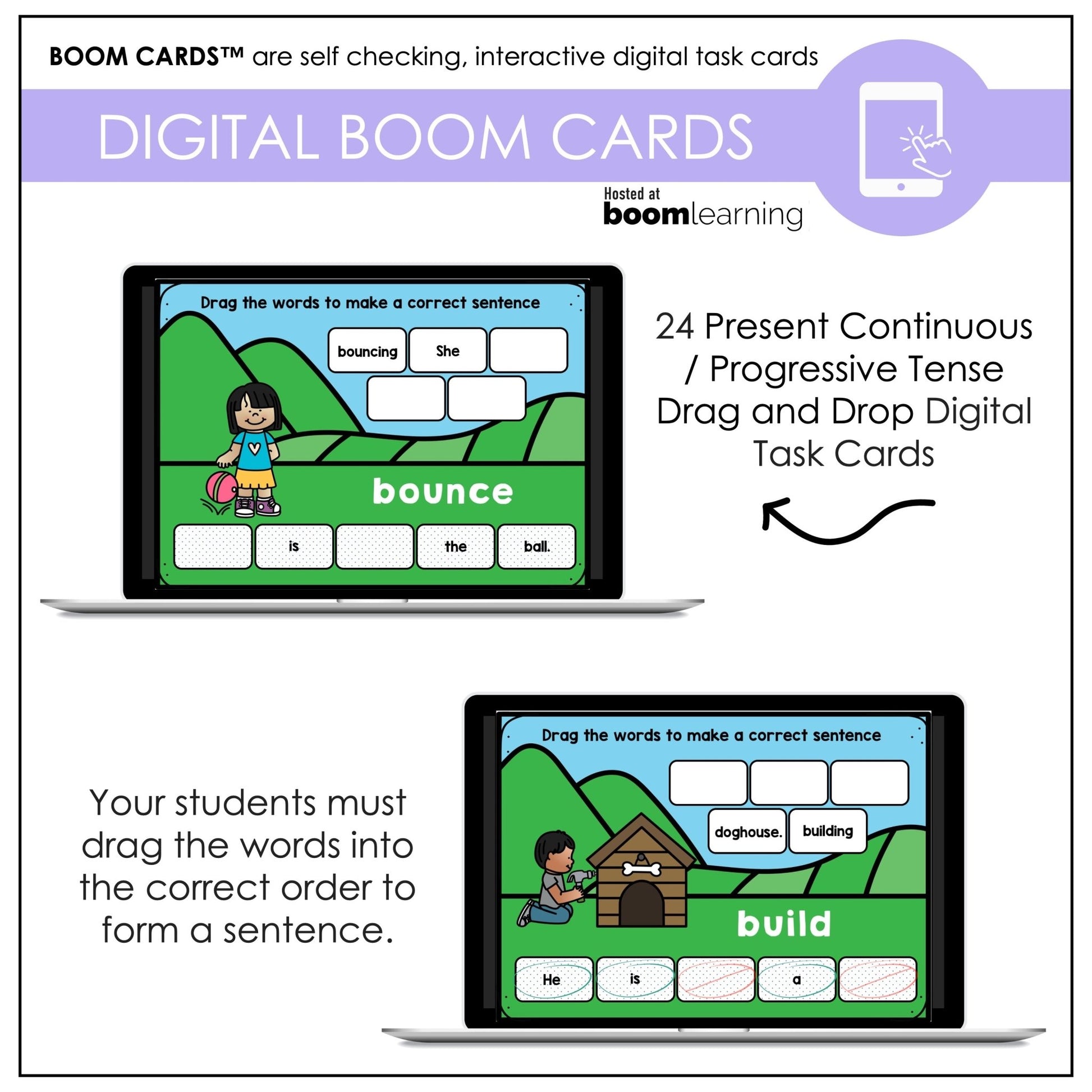 Action Verb BOOM CARDS™ | Present Continuous Sentence Building Activity - Hot Chocolate Teachables