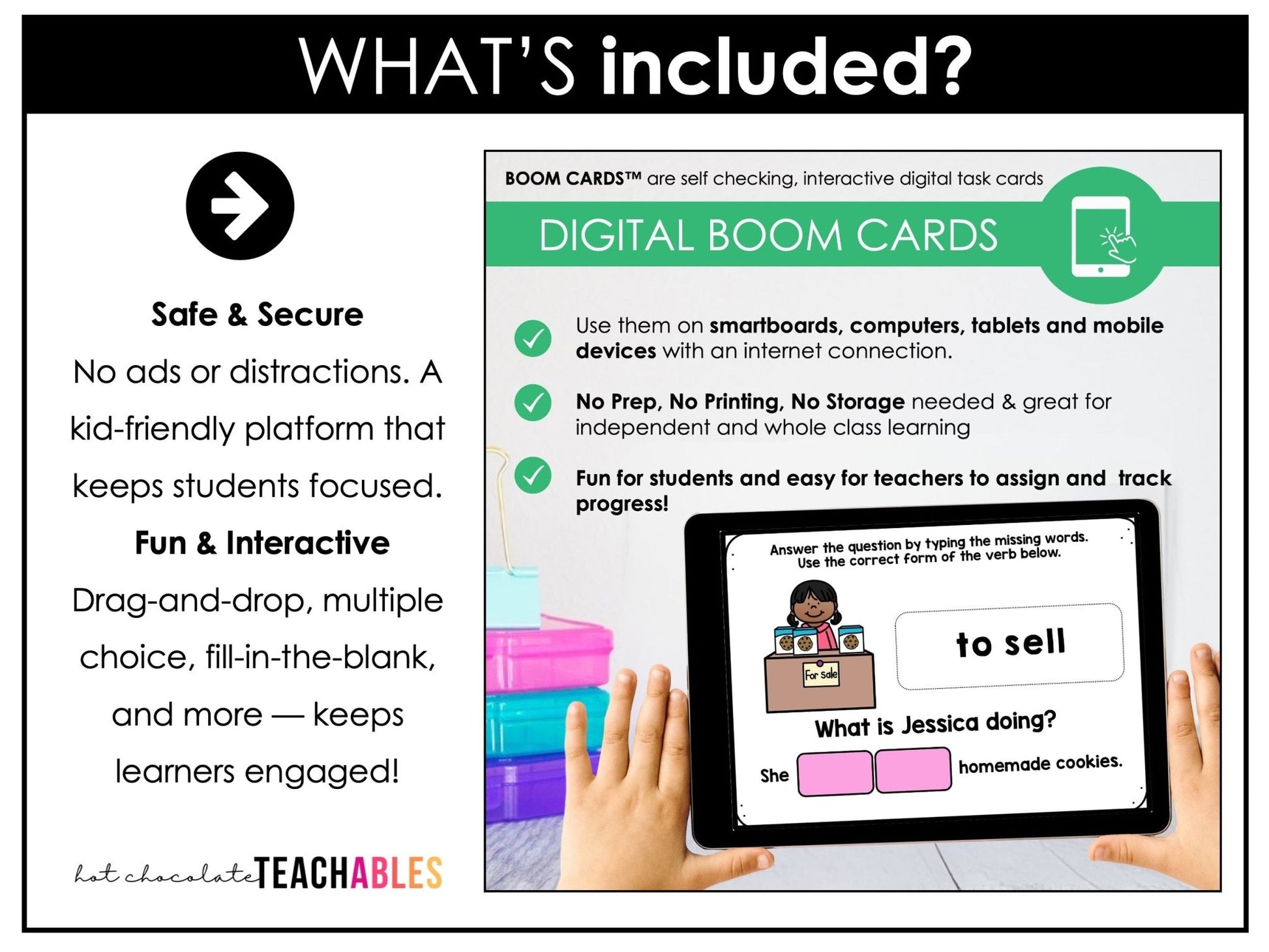 Action Verb BOOM CARDS - Sentence Building Present Progressive Tense Digital Task Cards - Hot Chocolate Teachables