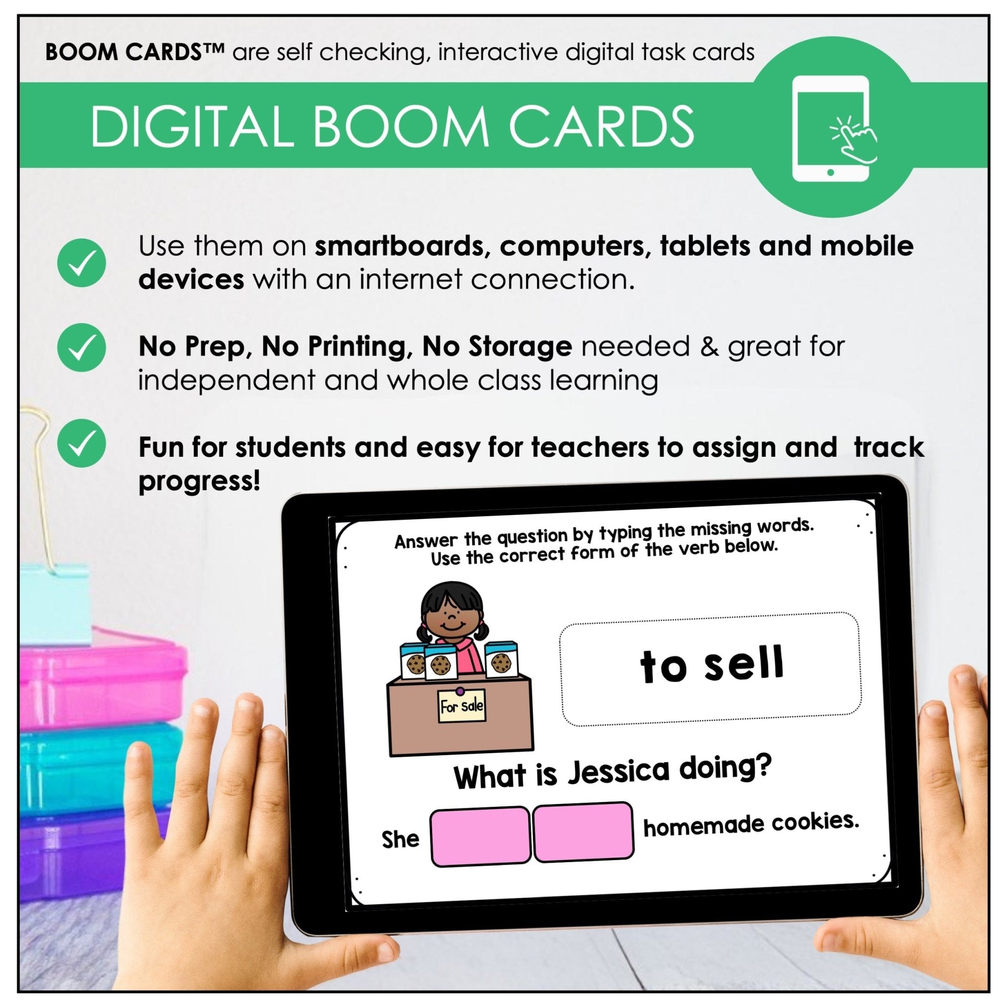 Action Verb BOOM CARDS - Sentence Building Present Progressive Tense Digital Task Cards - Hot Chocolate Teachables