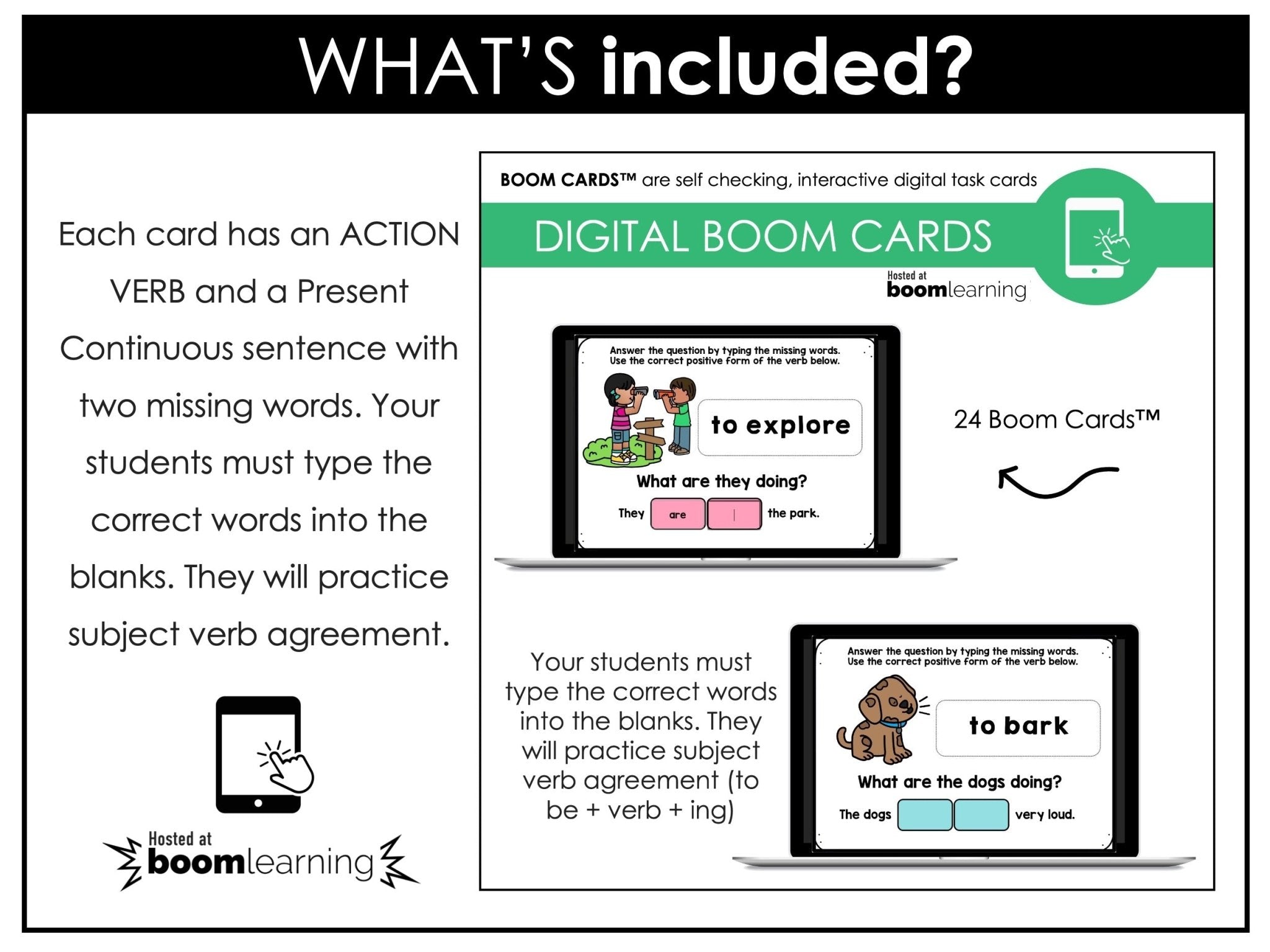 Action Verb BOOM CARDS - Sentence Building Present Progressive Tense Digital Task Cards - Hot Chocolate Teachables