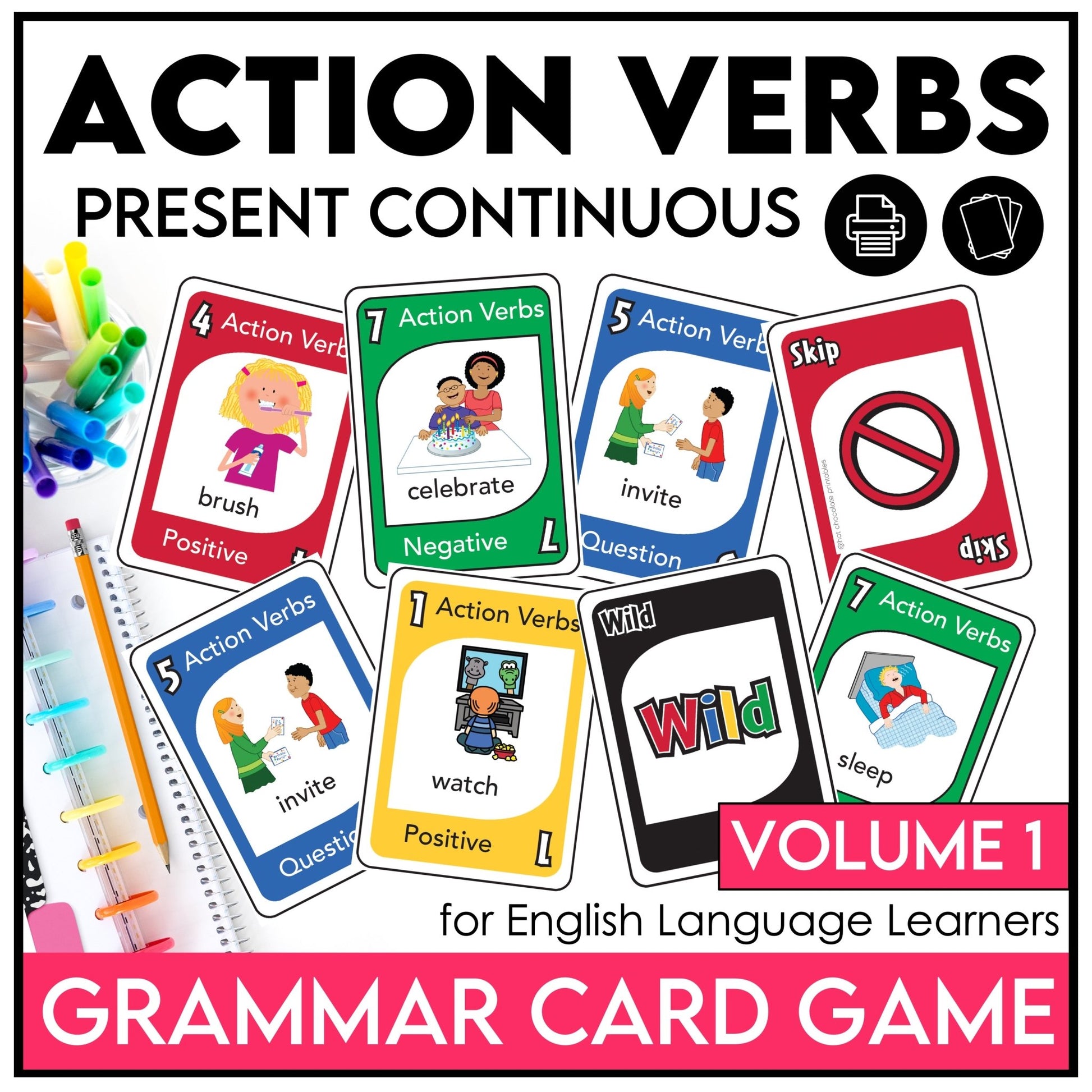Action Verb Card Game : Present Continuous Tense - Volume 1 - Hot Chocolate Teachables