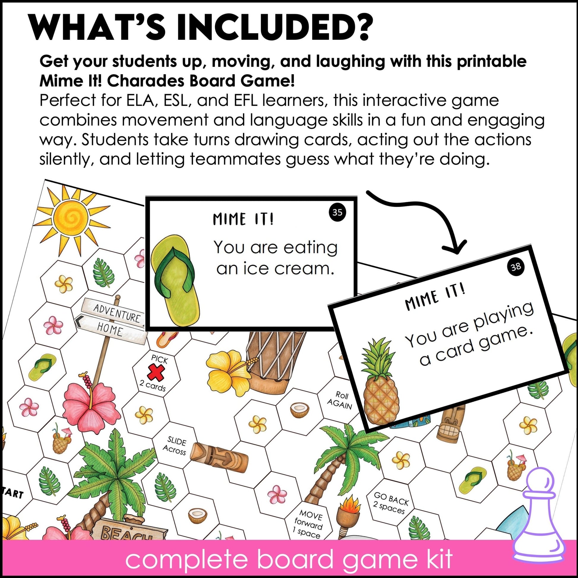 Action Verb Charades | Present Continuous Tense Miming Board Game - Hot Chocolate Teachables