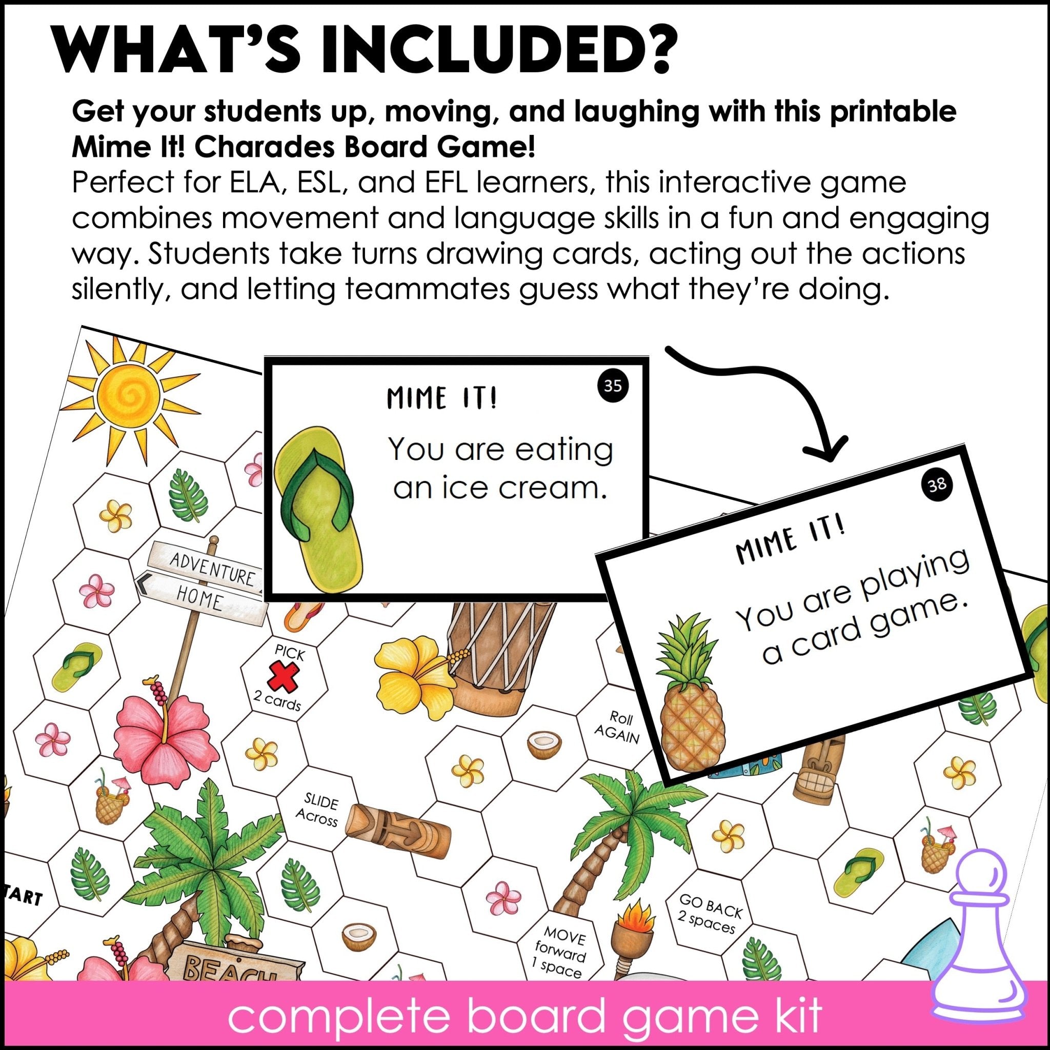 Action Verb Charades | Present Continuous Tense Miming Board Game - Hot Chocolate Teachables