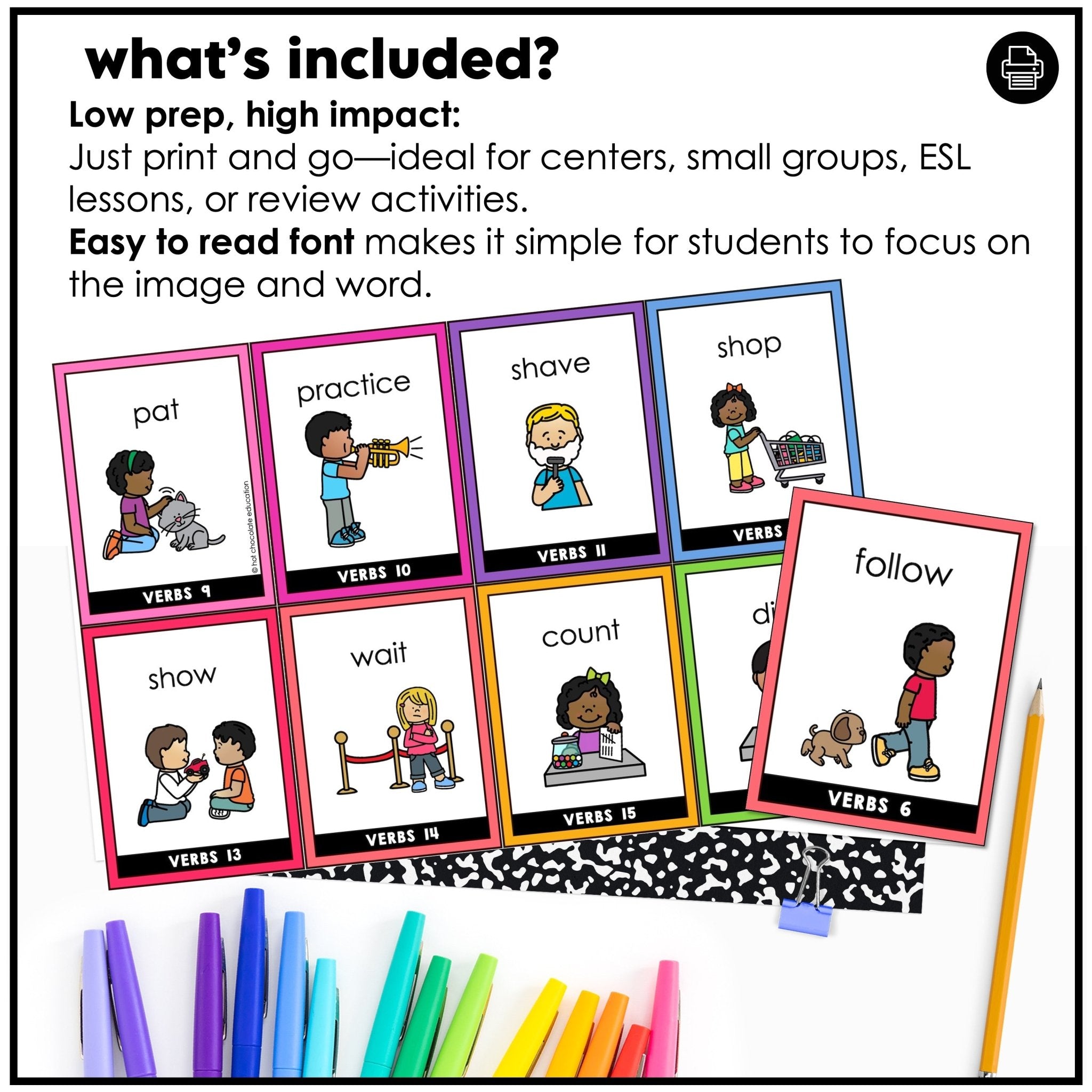 Action Verb Vocabulary Flashcards | ESL Flash Cards Volume 1 - Hot Chocolate Teachables