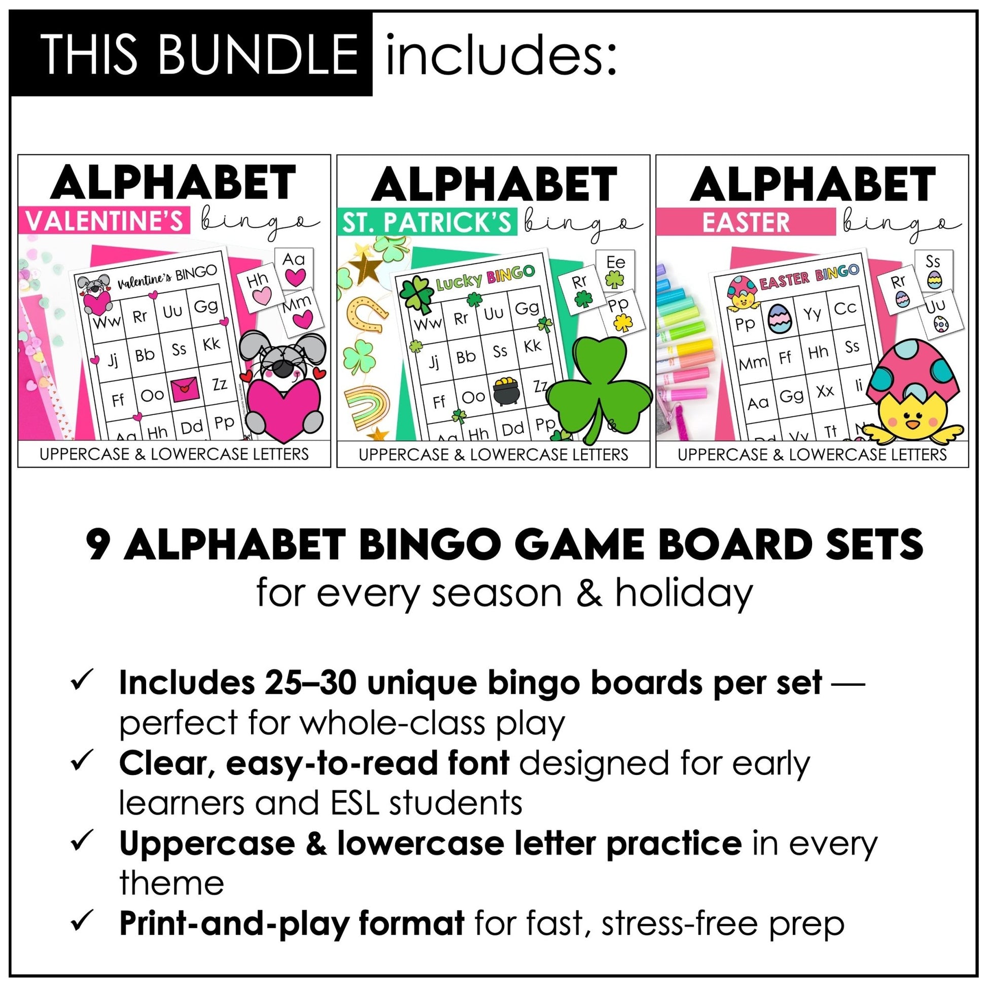 Alphabet Letter Bingo Games Bundle | Uppercase & Lowercase Letters - Hot Chocolate Teachables