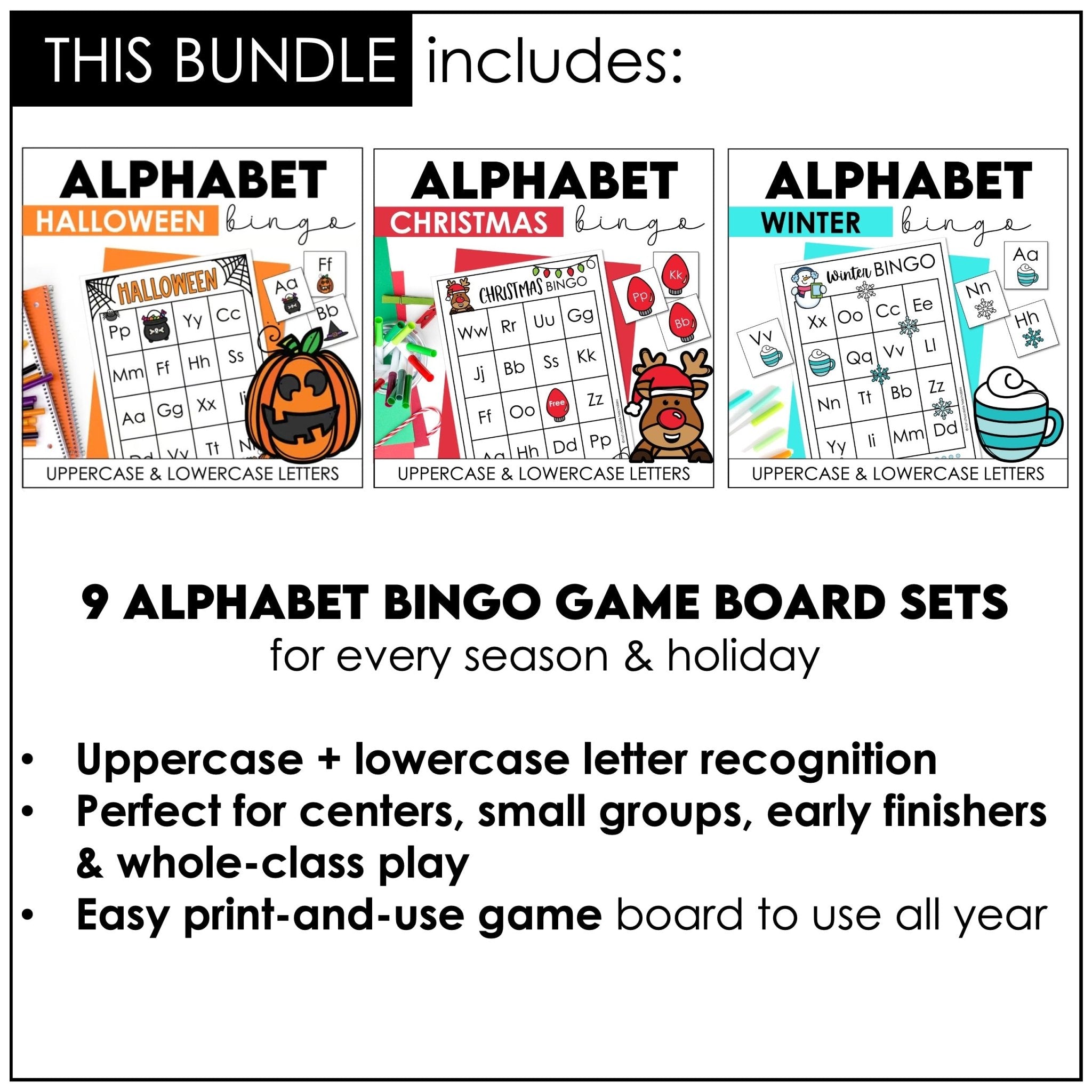 Alphabet Letter Bingo Games Bundle | Uppercase & Lowercase Letters - Hot Chocolate Teachables