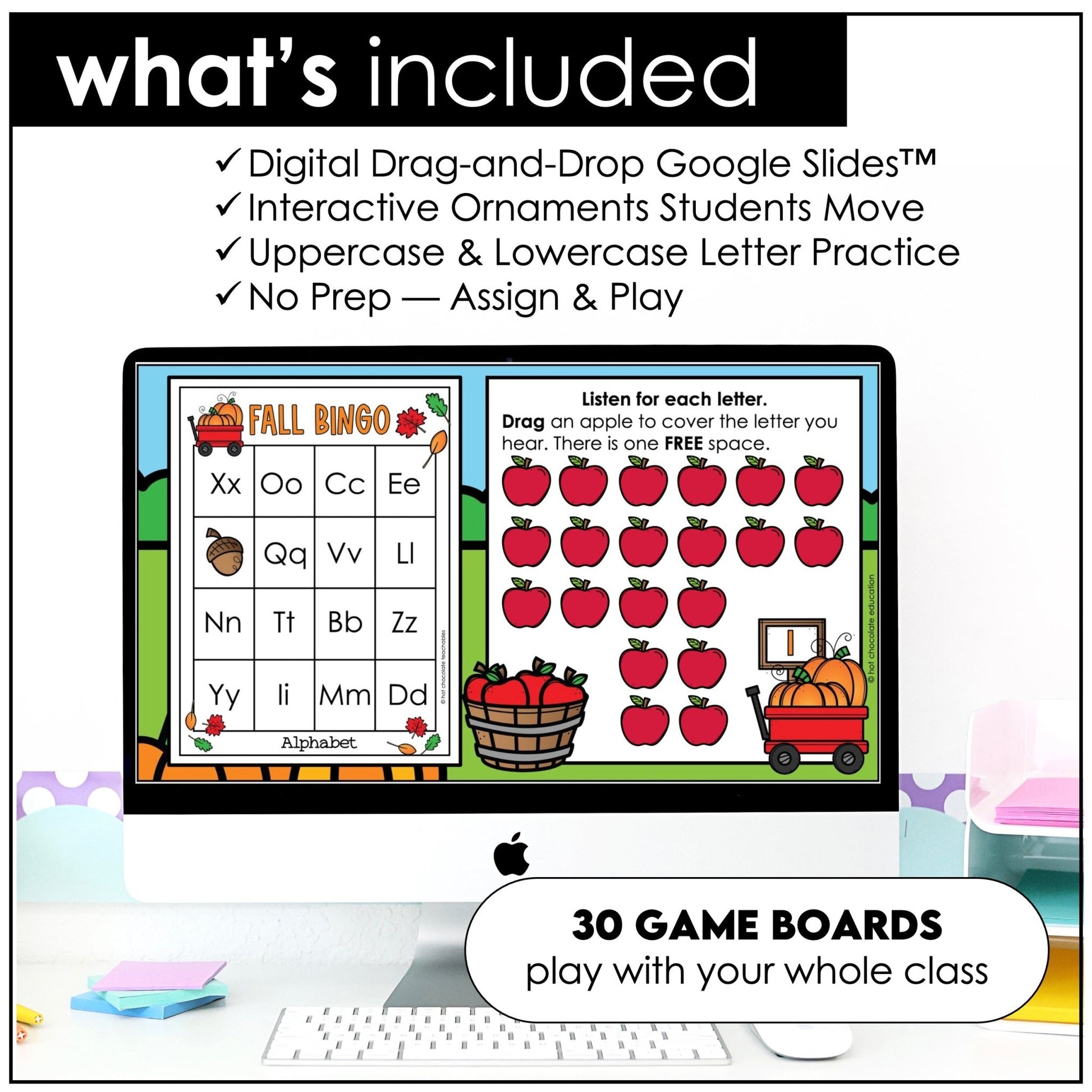 Alphabet Letters - Bingo Bundle : Digital & Print Game Boards for Fall / Autumn - Hot Chocolate Teachables