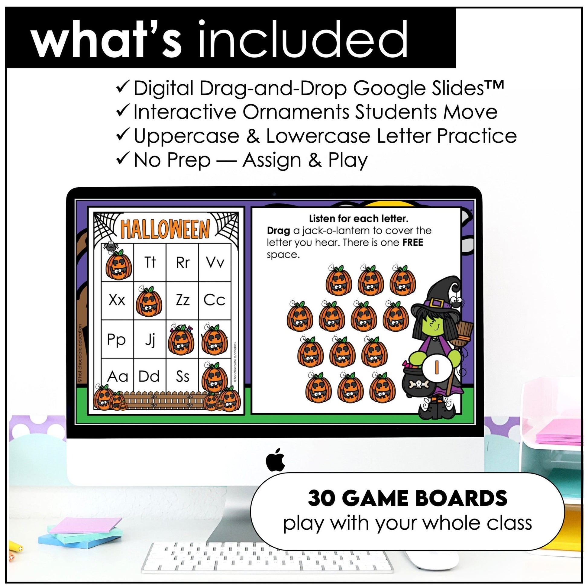 Alphabet Letters Bingo Bundle : Digital & Print - Halloween Theme Game Boards - Hot Chocolate Teachables