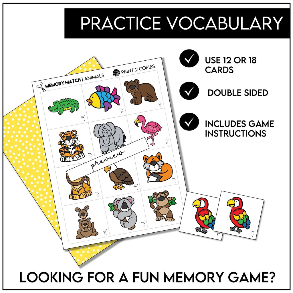 Animal Memory Game | Picture Cards | Vocabulary Matching Activity - Hot Chocolate Teachables