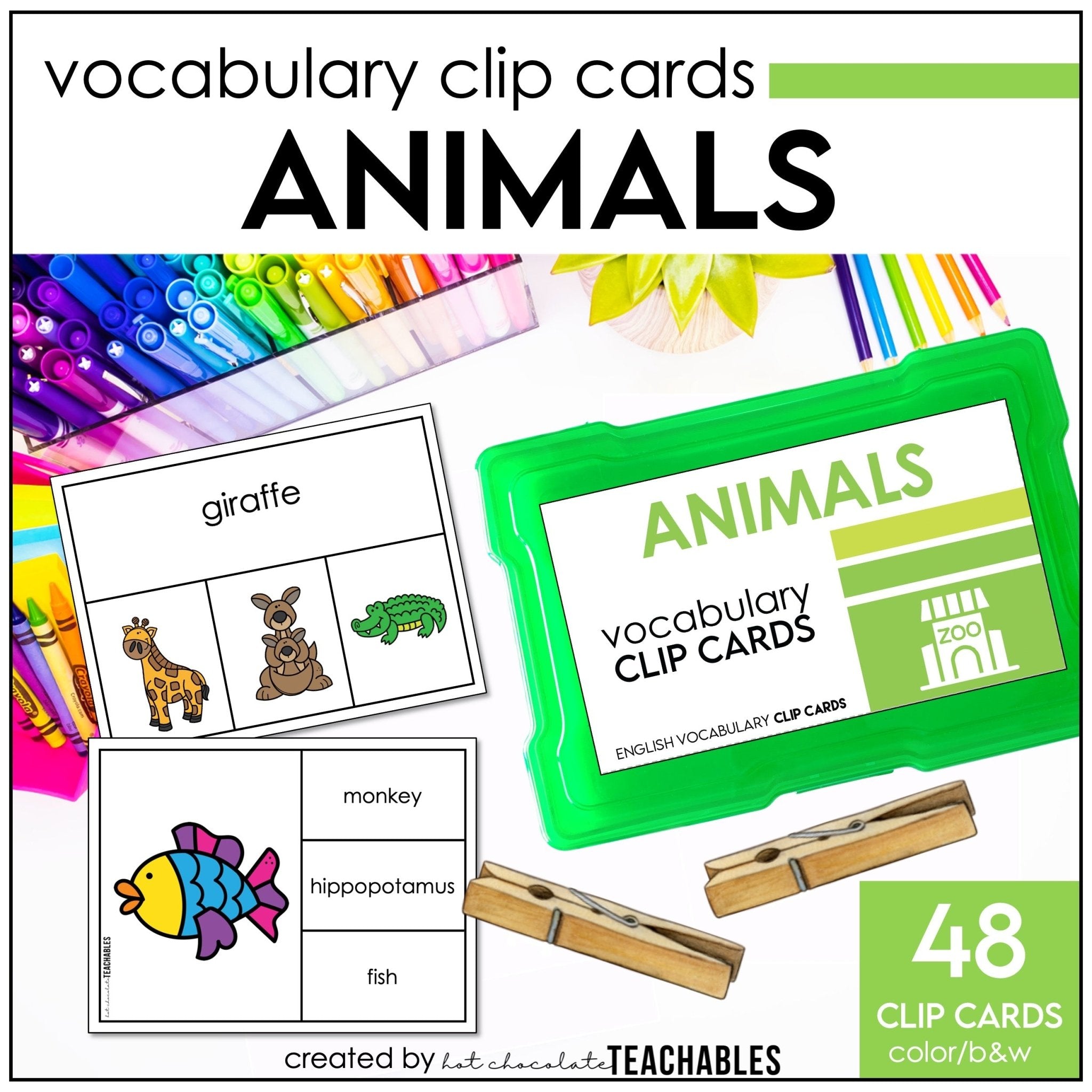 Animal Vocabulary CLIP CARD activity task cards for ELL - ESL - EFL - Hot Chocolate Teachables