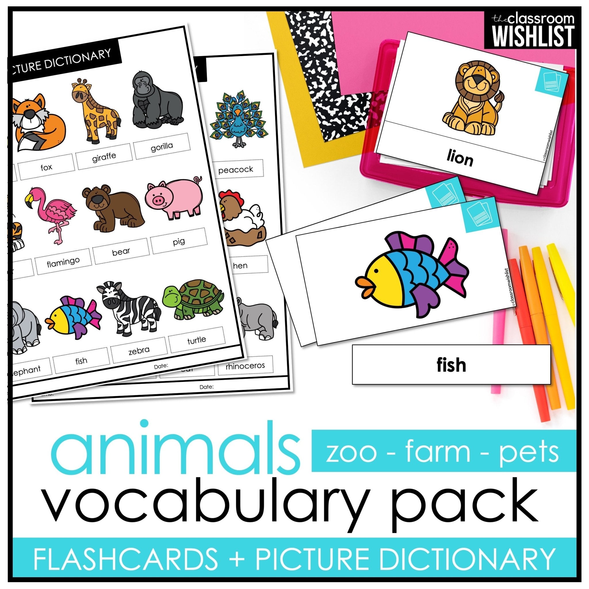 Animals Vocabulary Pack: Farm, Zoo and Pet Flashcards & Picture Dictionary - Hot Chocolate Teachables