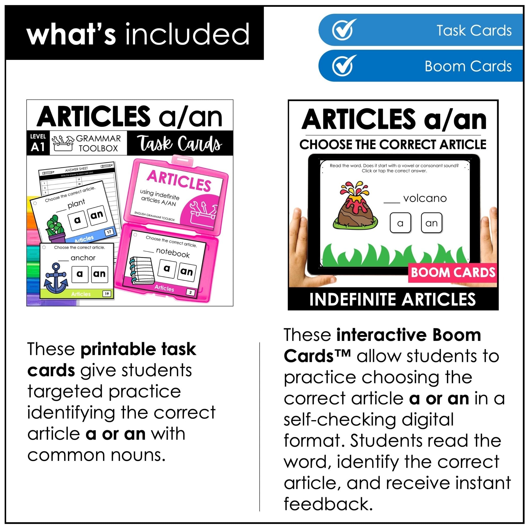 Articles A / An Bundle – Indefinite Articles Activities, Card Games & Task Cards (ESL) - Hot Chocolate Teachables