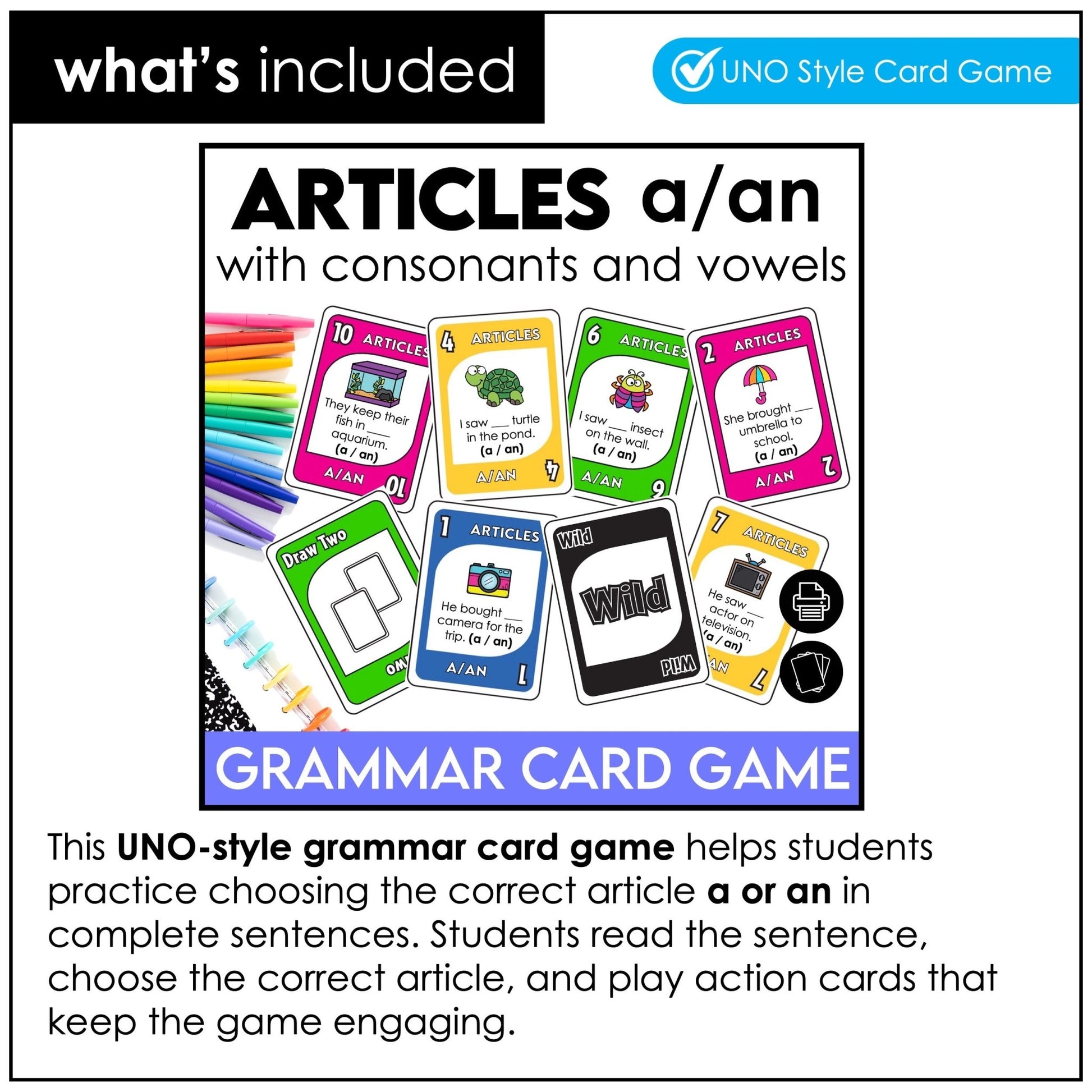 Articles A / An Bundle – Indefinite Articles Activities, Card Games & Task Cards (ESL) - Hot Chocolate Teachables