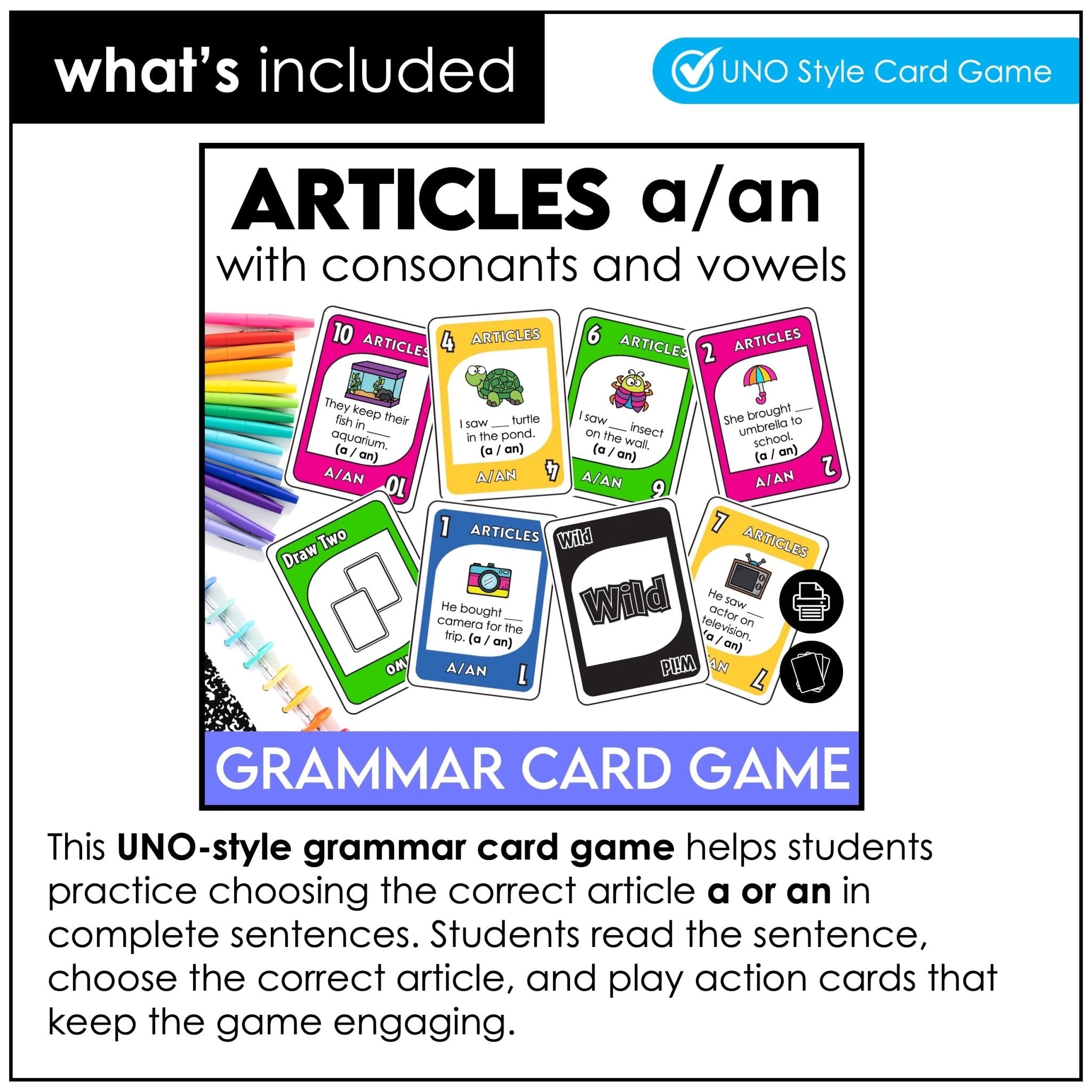 Articles A / An Bundle – Indefinite Articles Activities, Card Games & Task Cards (ESL) - Hot Chocolate Teachables