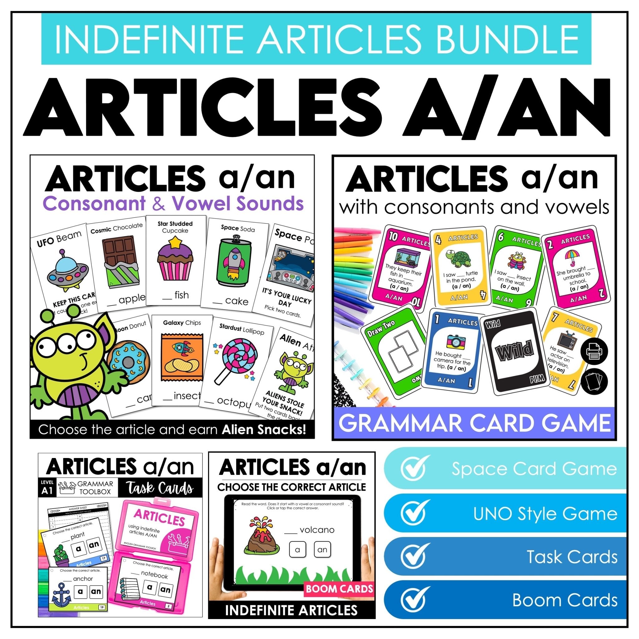 Articles A / An Bundle – Indefinite Articles Activities, Card Games & Task Cards (ESL) - Hot Chocolate Teachables