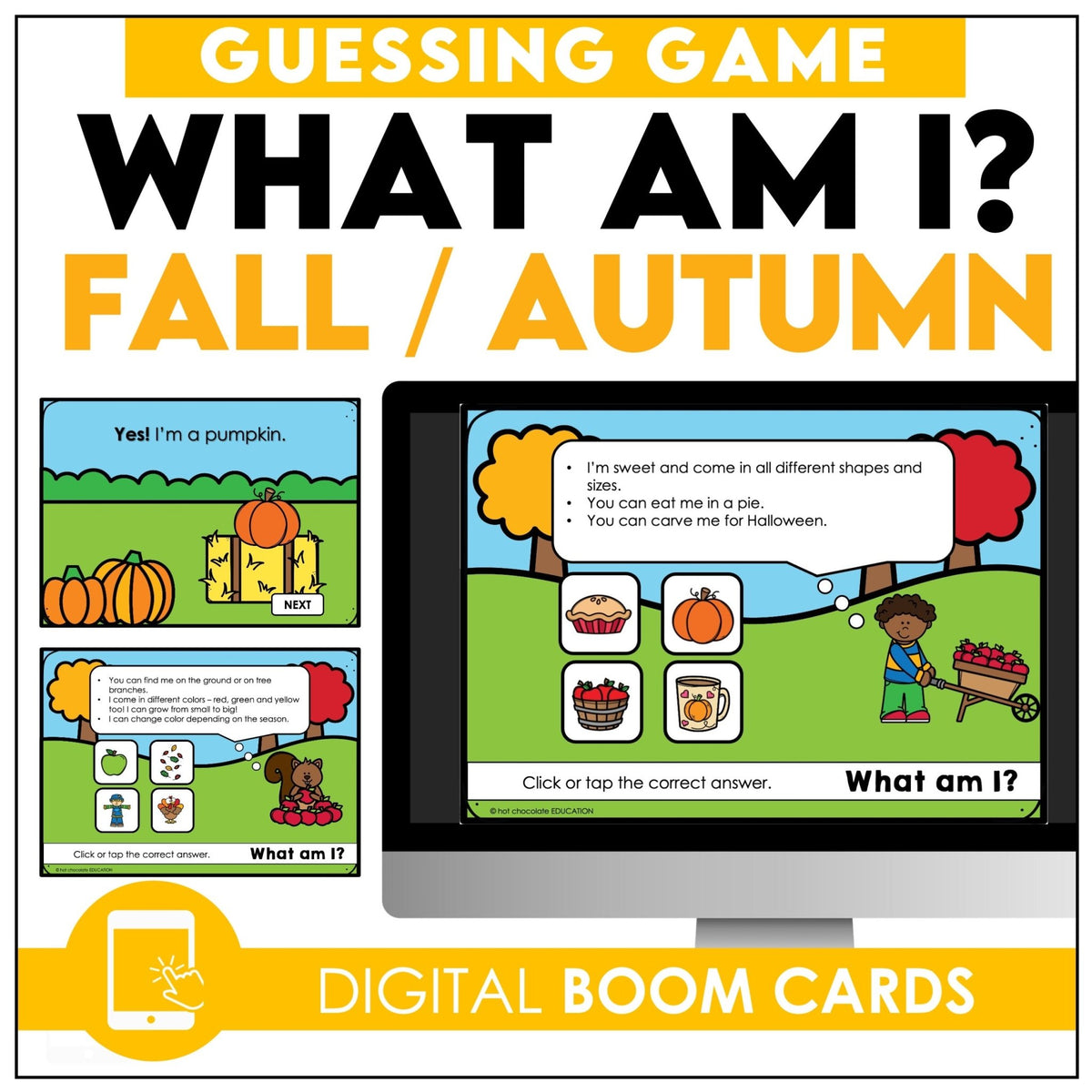 Autumn / Fall : What am I? ESL Vocabulary Guessing Game BOOM CARDS - Hot Chocolate Teachables