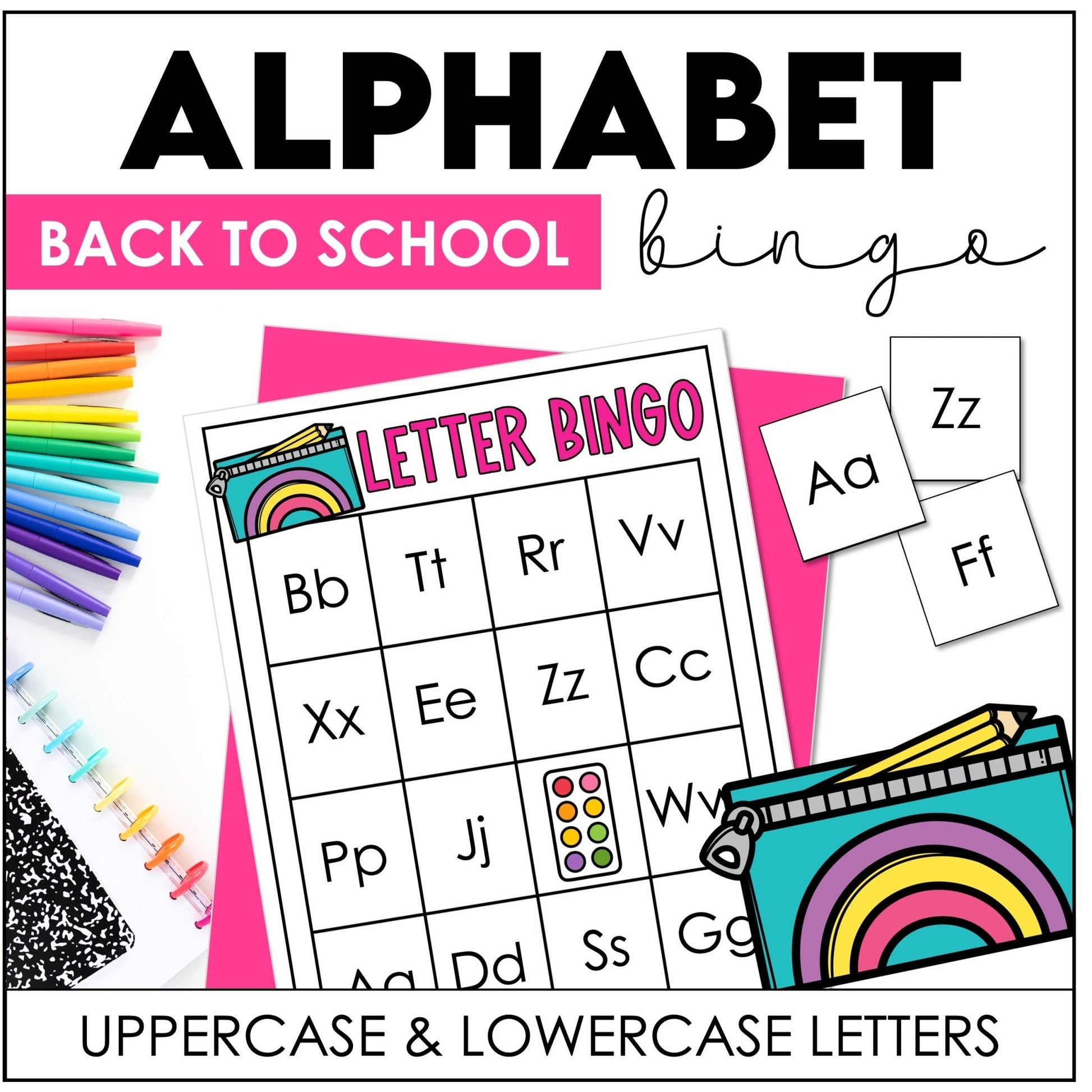 Back To School - Alphabet Letter Bingo Game for Uppercase & Lowercase Practice - Hot Chocolate Teachables