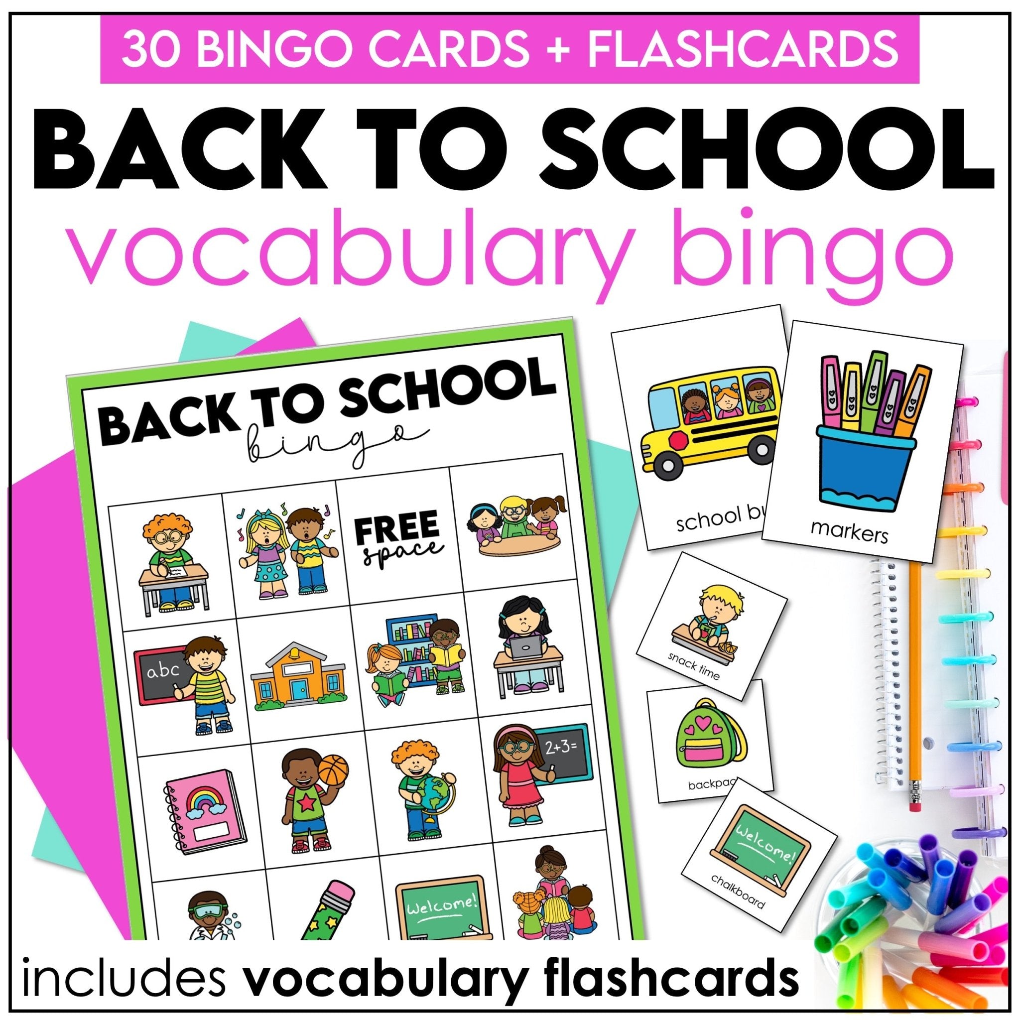 Back to School Bingo Game – Classroom Vocabulary & School Supplies (ESL/ELL) - Hot Chocolate Teachables