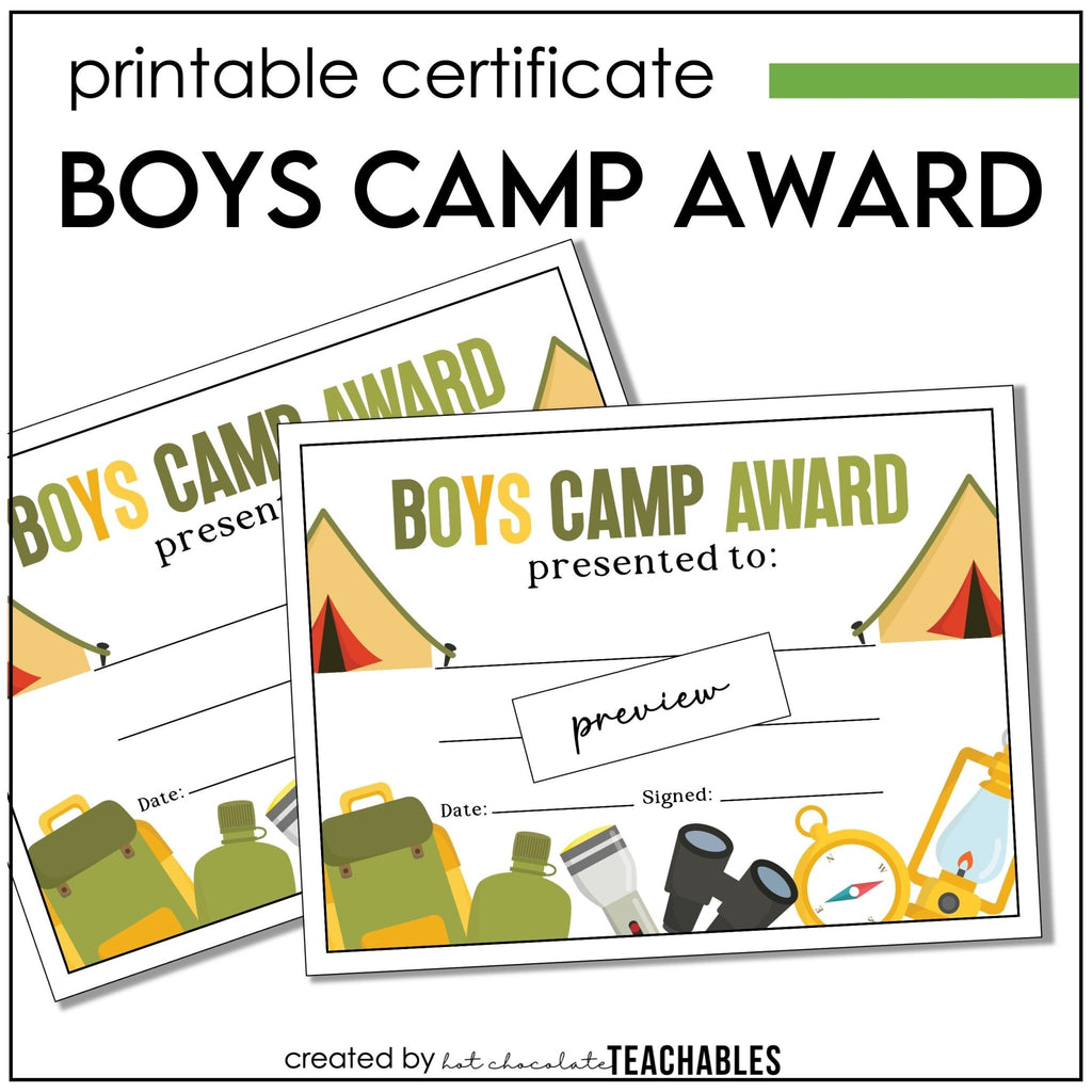 Boys Camp Awards, Summer Camp Certificate for Kids, Printable Certificate of Participation - Hot Chocolate Teachables