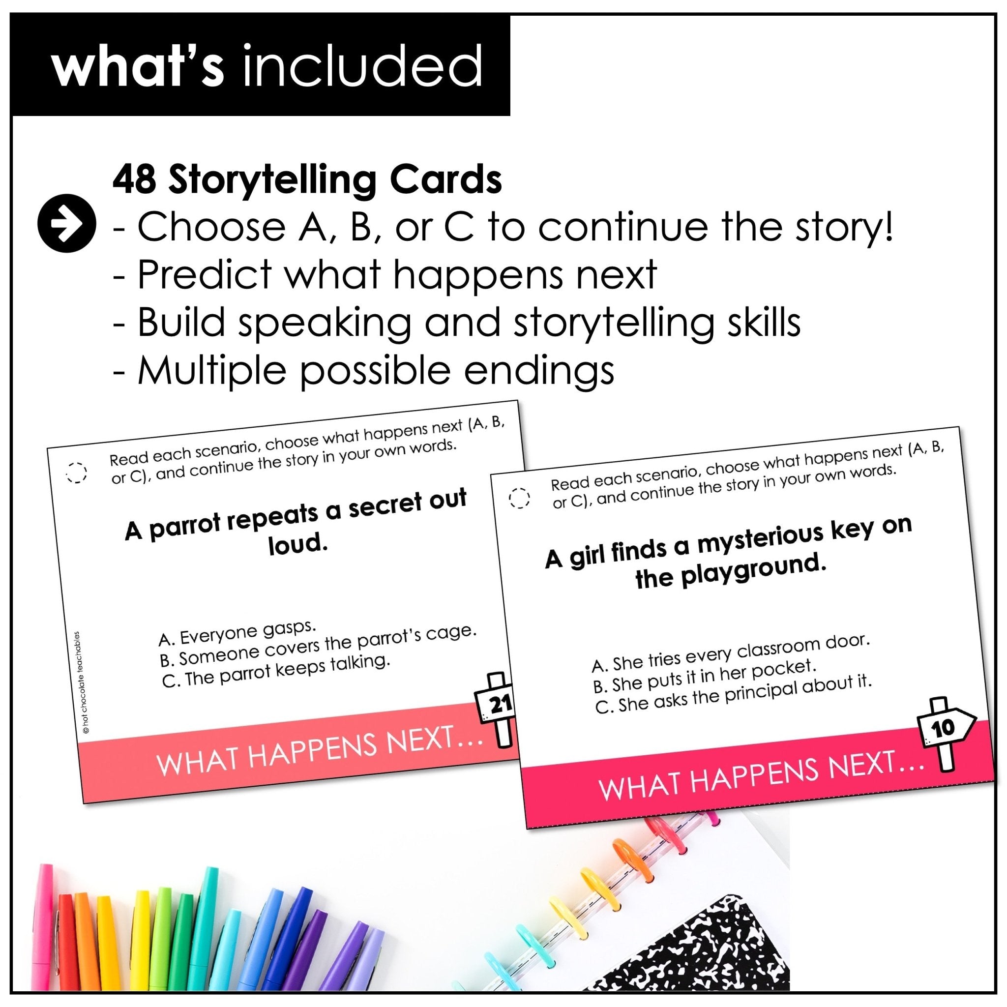 Choose What Happens Next Task Cards – Storytelling & Prediction Speaking Activity - Hot Chocolate Teachables