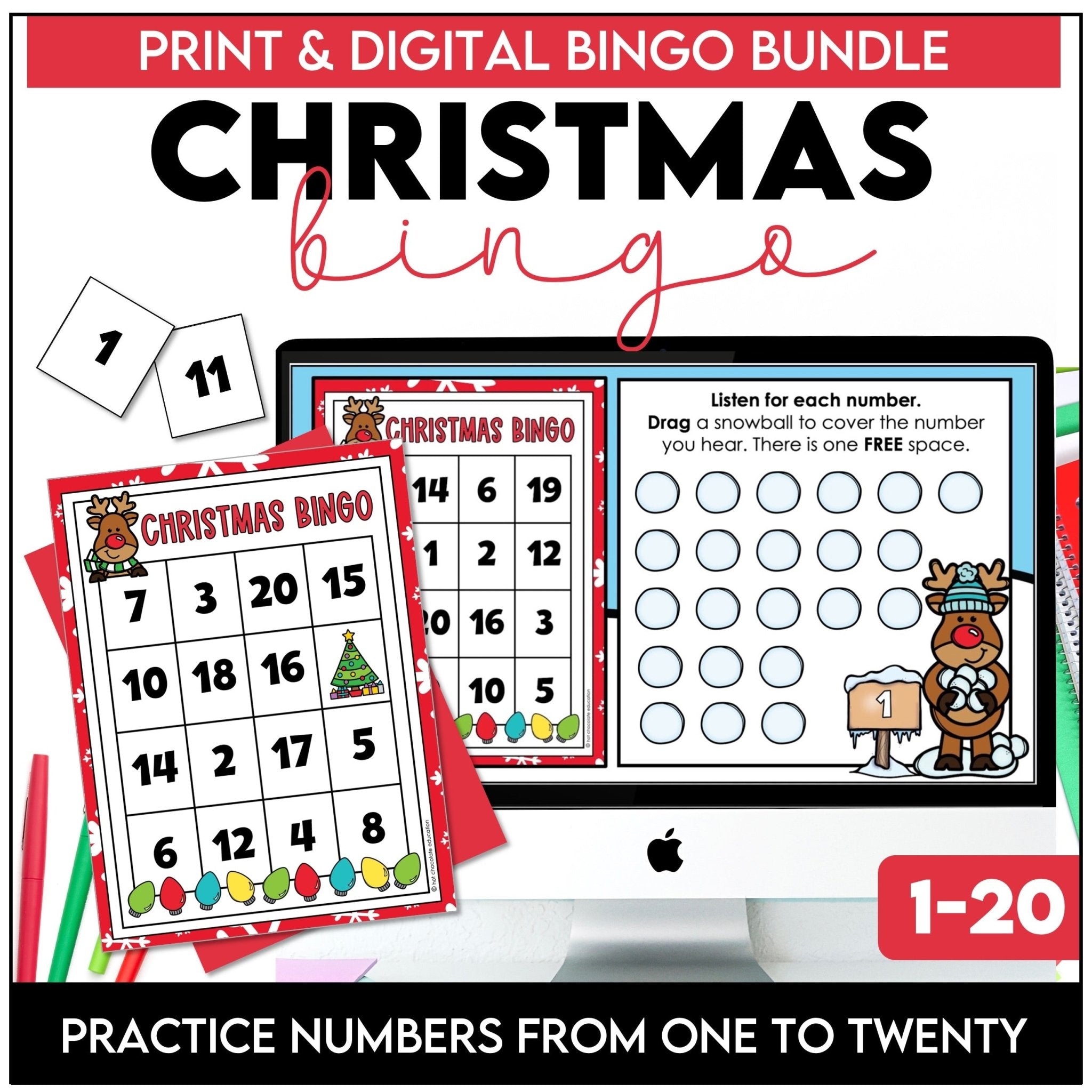 Christmas Bingo Bundle – Numbers 1–20 Print & Digital Versions - Hot Chocolate Teachables