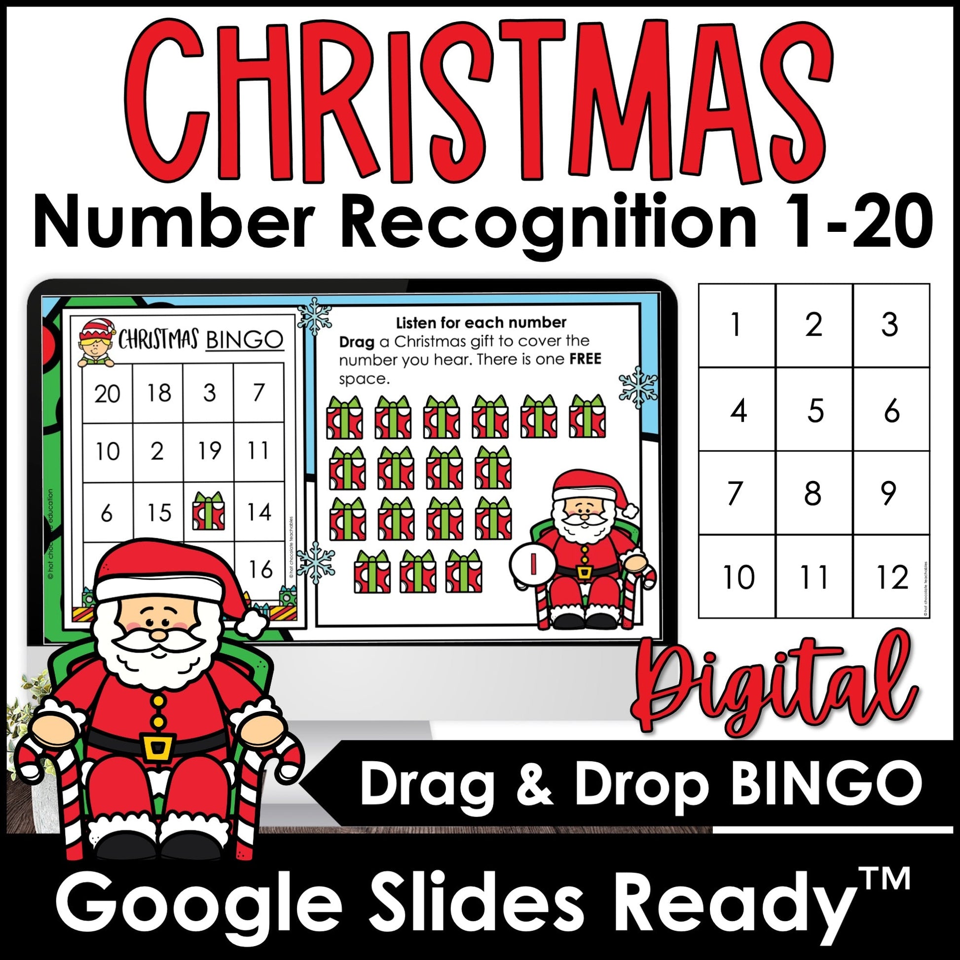 Christmas Bingo Game - Numbers from 1 to 20 | Digital Google Slides™ - Hot Chocolate Teachables