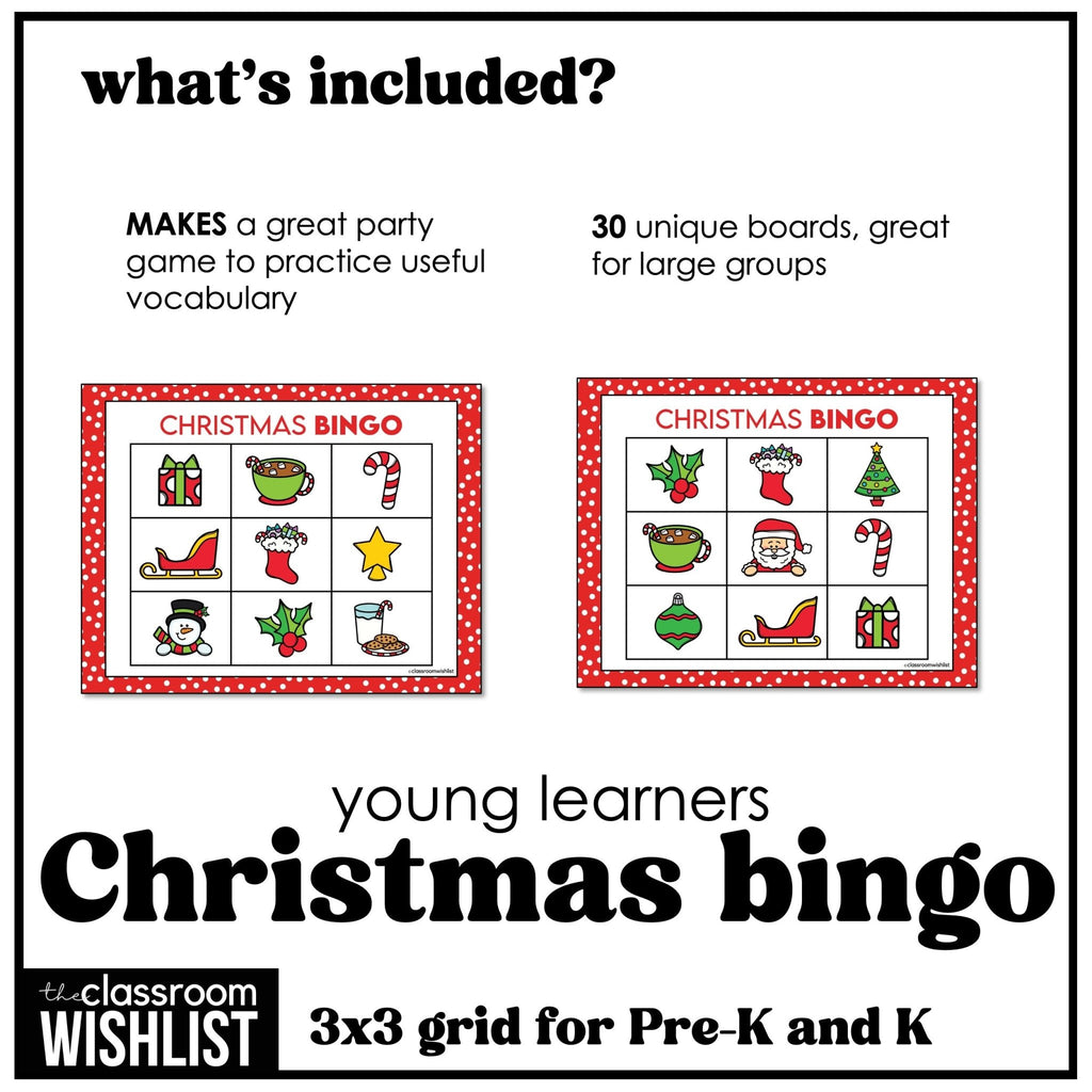 Christmas Bingo Game Preschool & Kindergarten | ESL Holiday Vocabulary Activity - Hot Chocolate Teachables