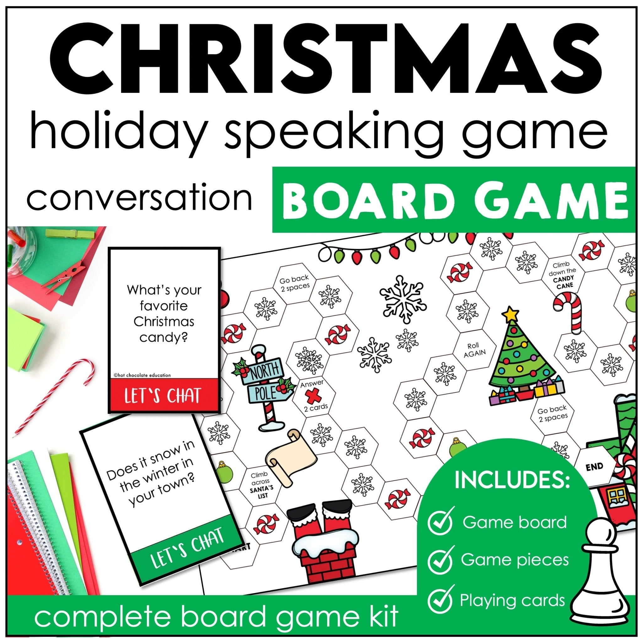 Christmas Conversation Question Board Game - 40 Holiday Question Prompts - Hot Chocolate Teachables