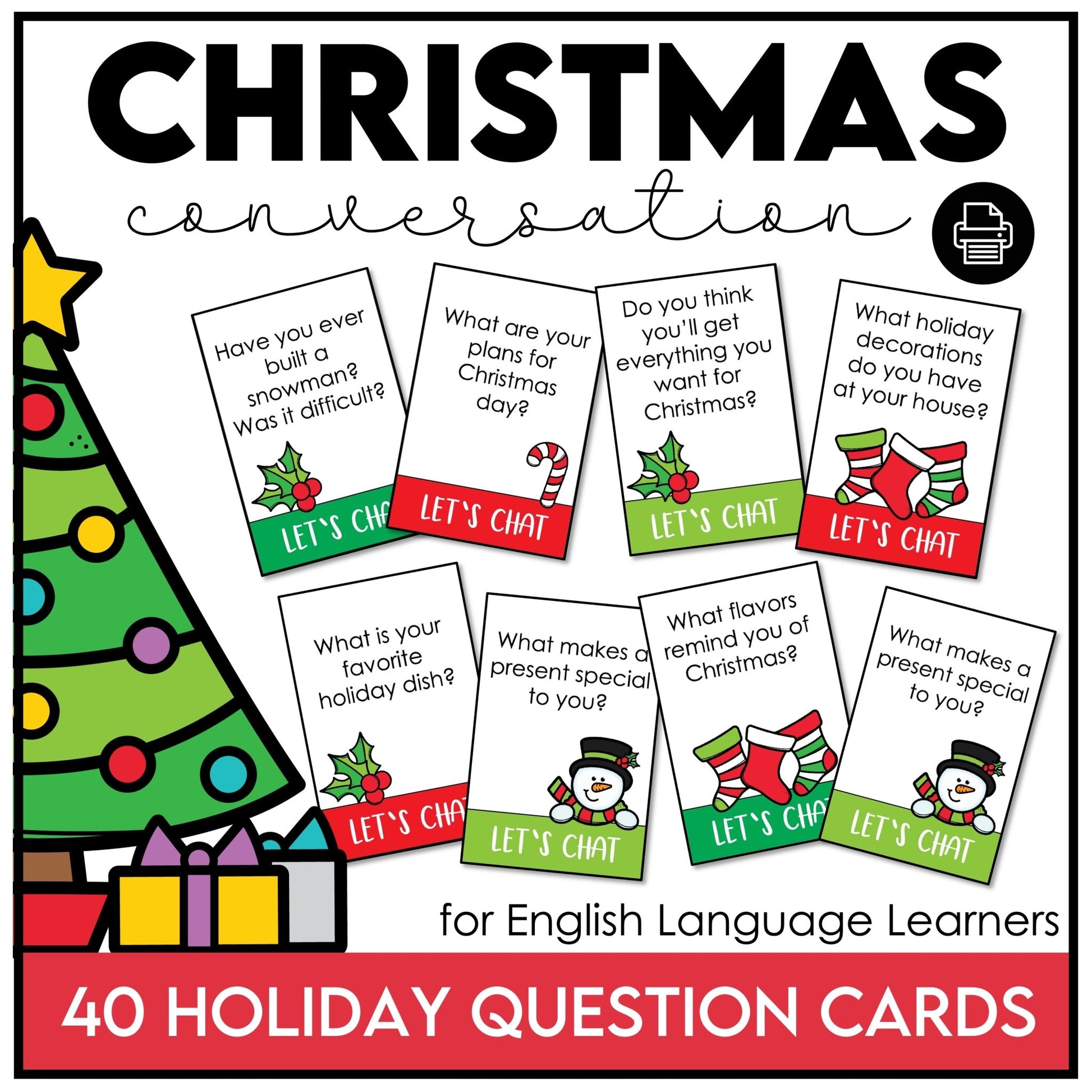 Christmas Conversation Question Card Set - 40 Cards - Hot Chocolate Teachables