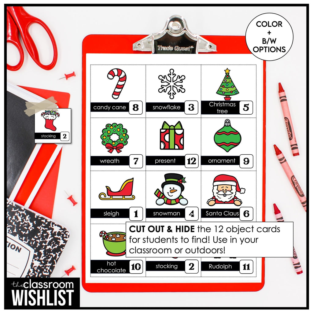 Christmas Vocabulary Picture Scavenger Hunt - Holiday Party Game with Clues - Hot Chocolate Teachables