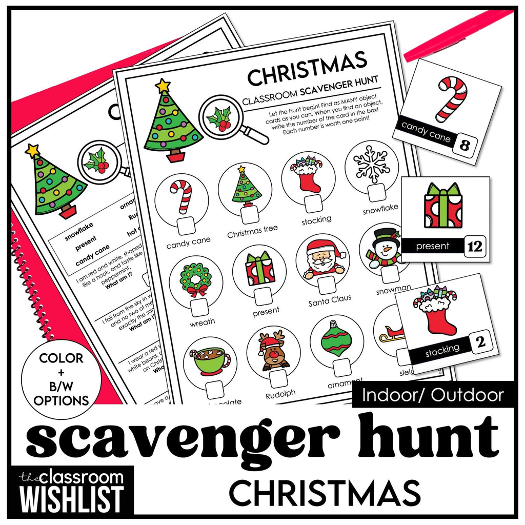 Christmas Vocabulary Picture Scavenger Hunt - Holiday Party Game with Clues - Hot Chocolate Teachables