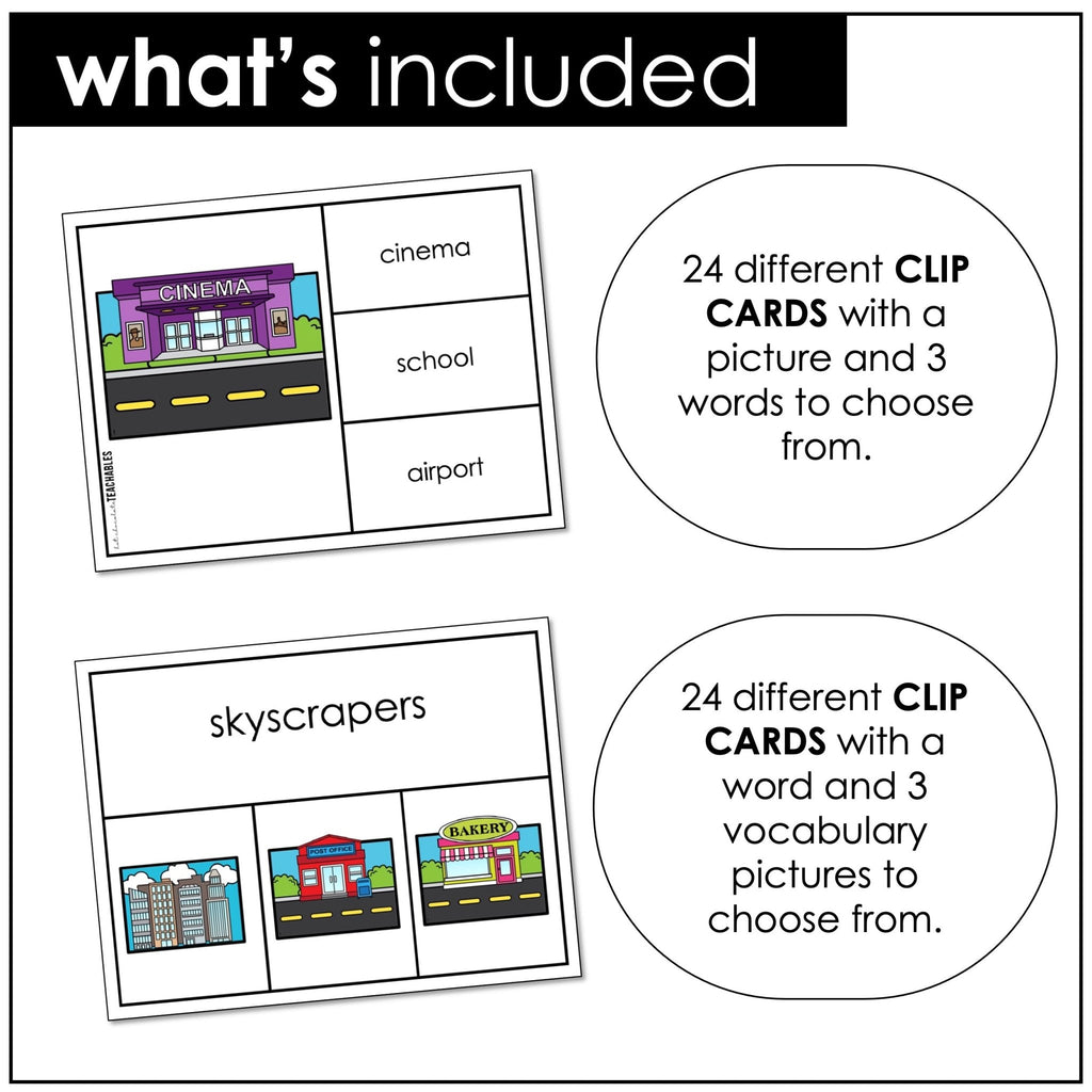 City Vocabulary CLIP CARD activity task cards | Shops and Buildings in a Town - Hot Chocolate Teachables