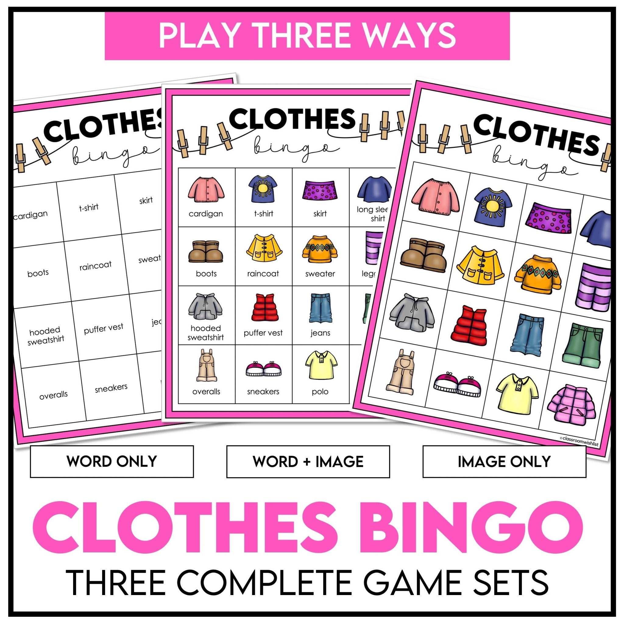 Clothes Bingo – Clothing Vocabulary Bingo Game Cards - Play 3 Ways - Hot Chocolate Teachables