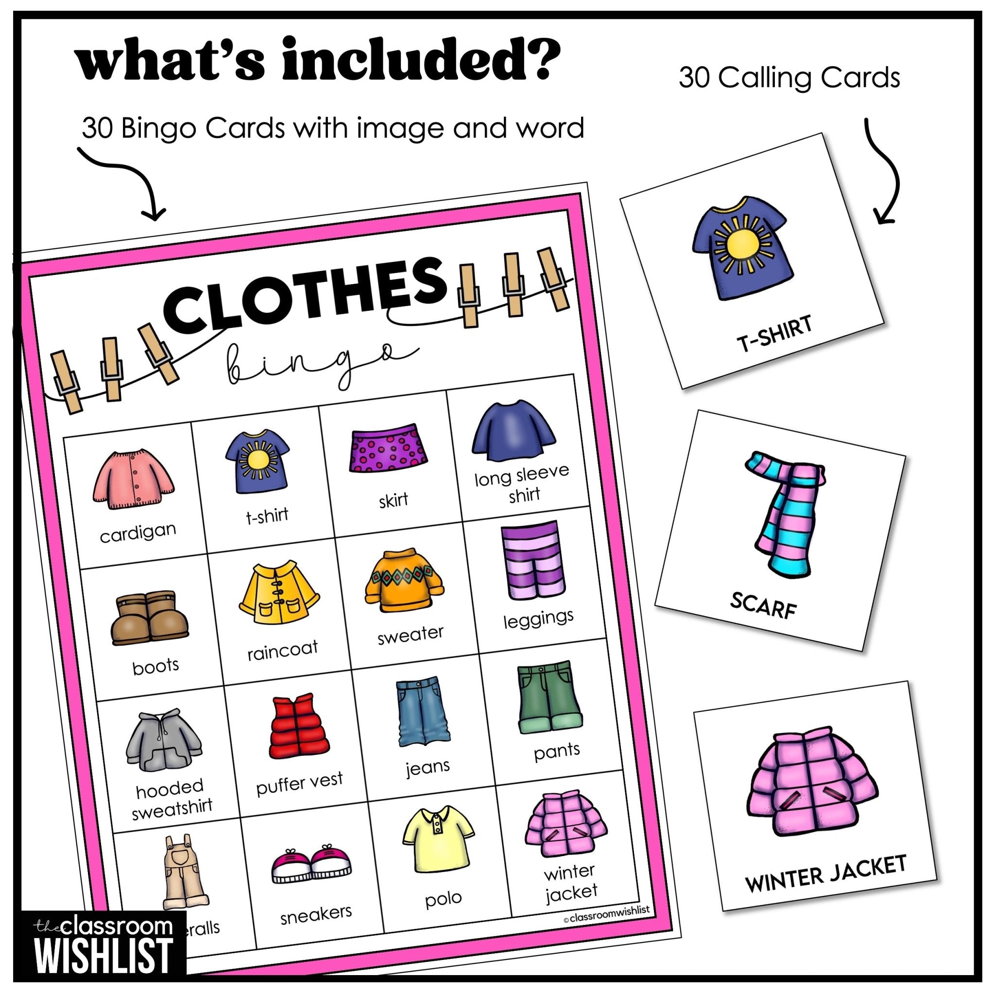 Clothes Bingo – Clothing Vocabulary Bingo Game Cards - Play 3 Ways - Hot Chocolate Teachables