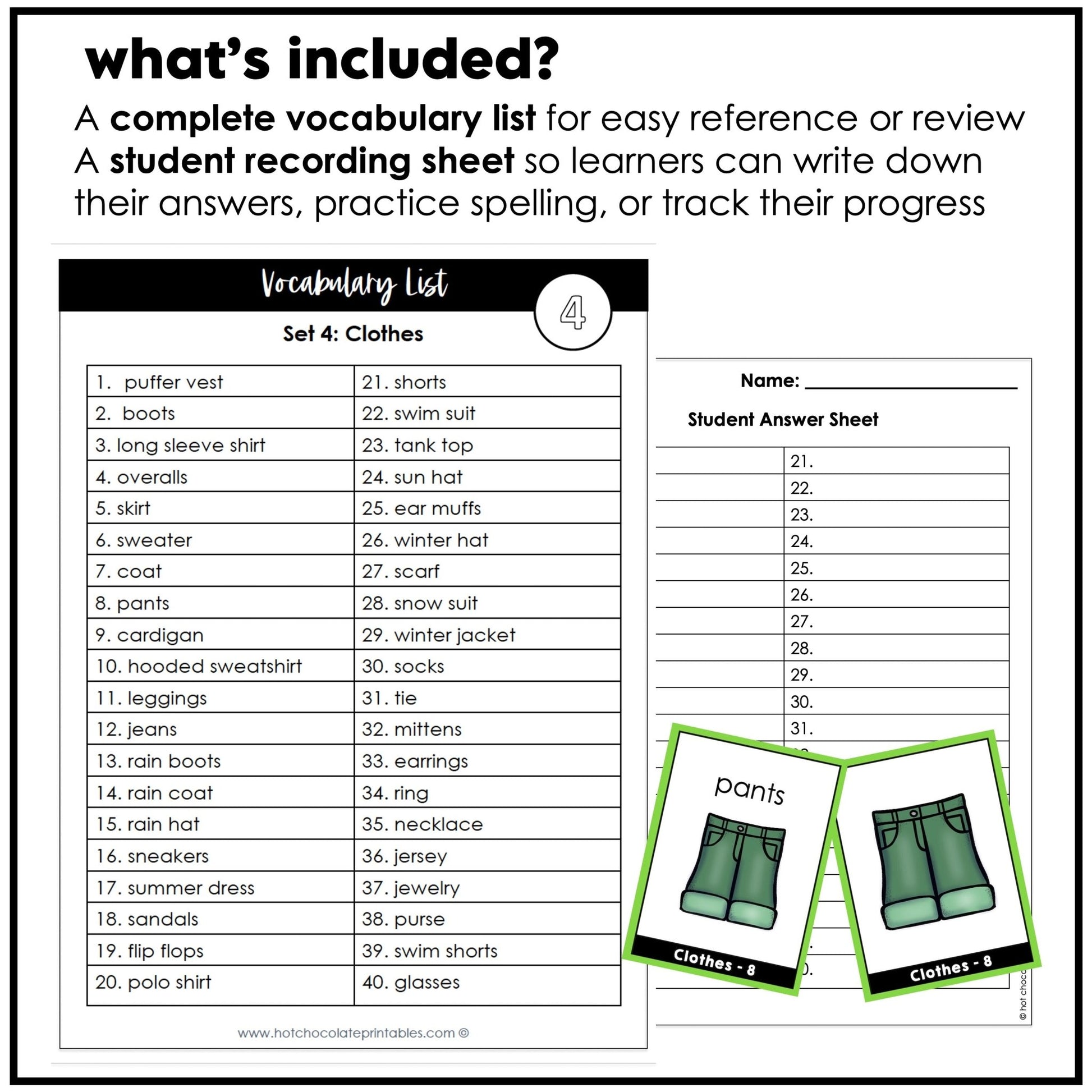Clothing Vocabulary Flashcards: Seasonal Clothes & Jewelry | ESL/EFL Task Cards - Hot Chocolate Teachables