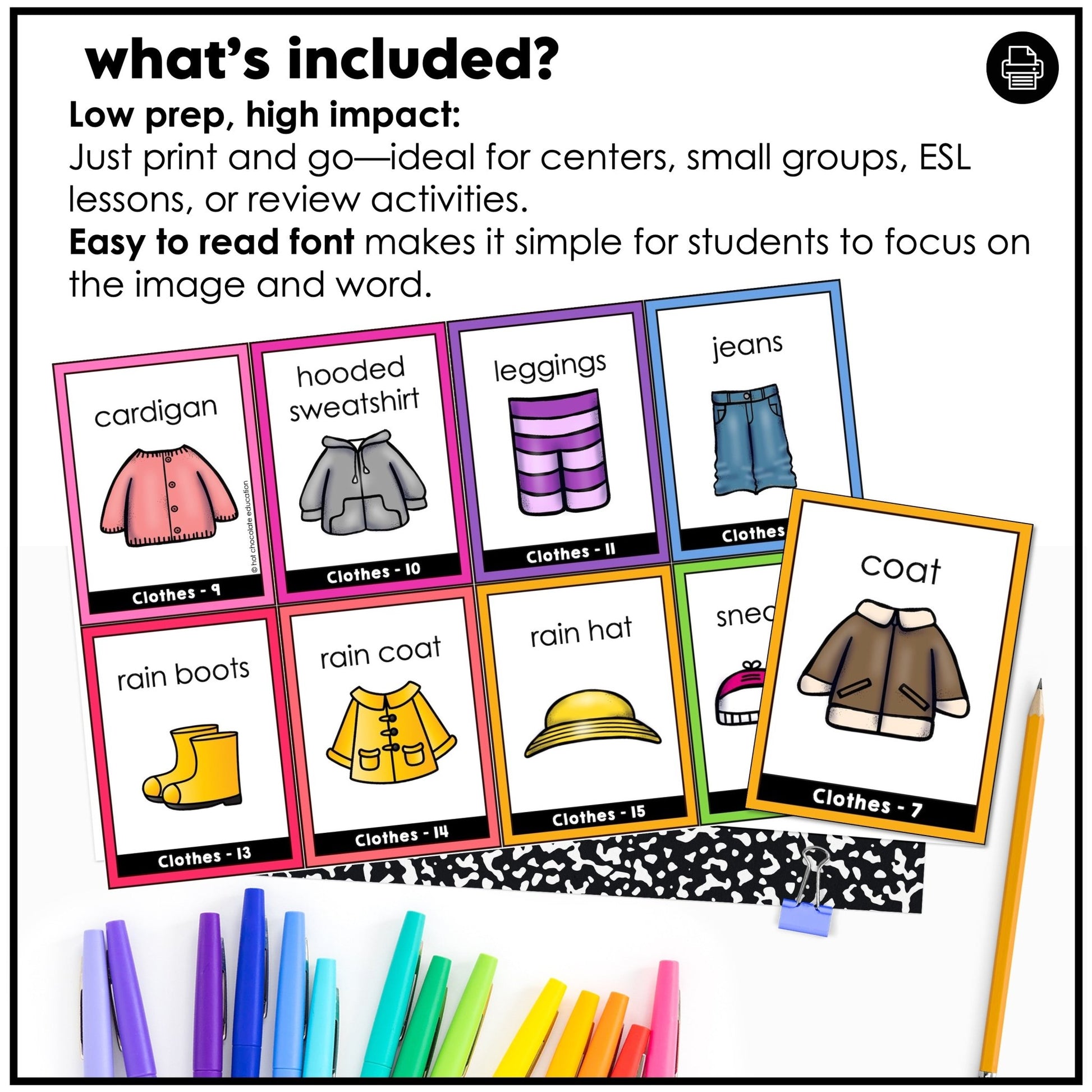 Clothing Vocabulary Flashcards: Seasonal Clothes & Jewelry | ESL/EFL Task Cards - Hot Chocolate Teachables