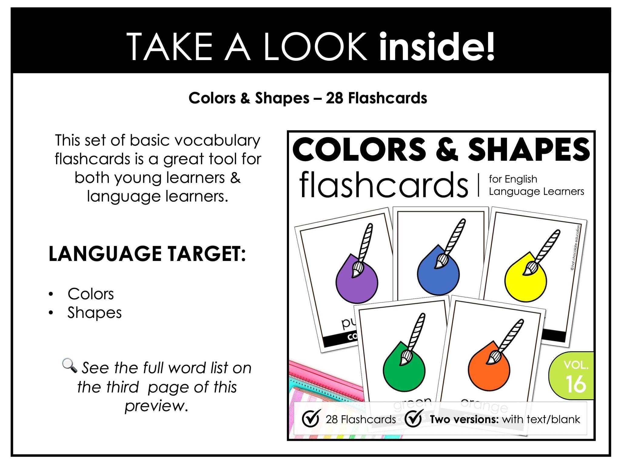 Colors & Shapes Vocabulary Flash cards | ESL Beginner Task Cards - Hot Chocolate Teachables