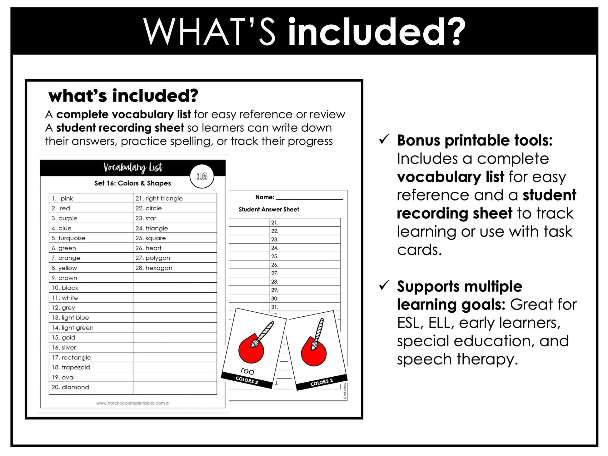 Colors & Shapes Vocabulary Flash cards | ESL Beginner Task Cards - Hot Chocolate Teachables