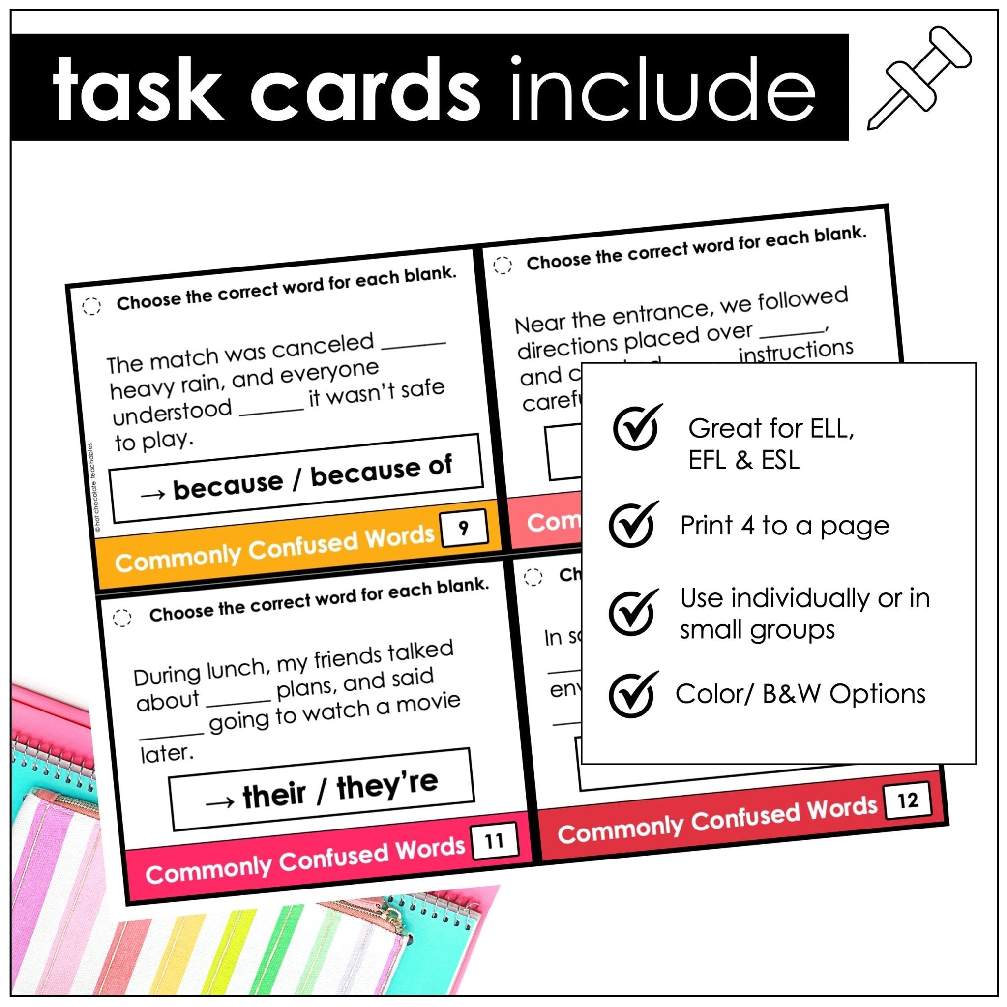Commonly Confused Words & Homophones Task Cards – ESL Grammar (B1–B2) - Hot Chocolate Teachables