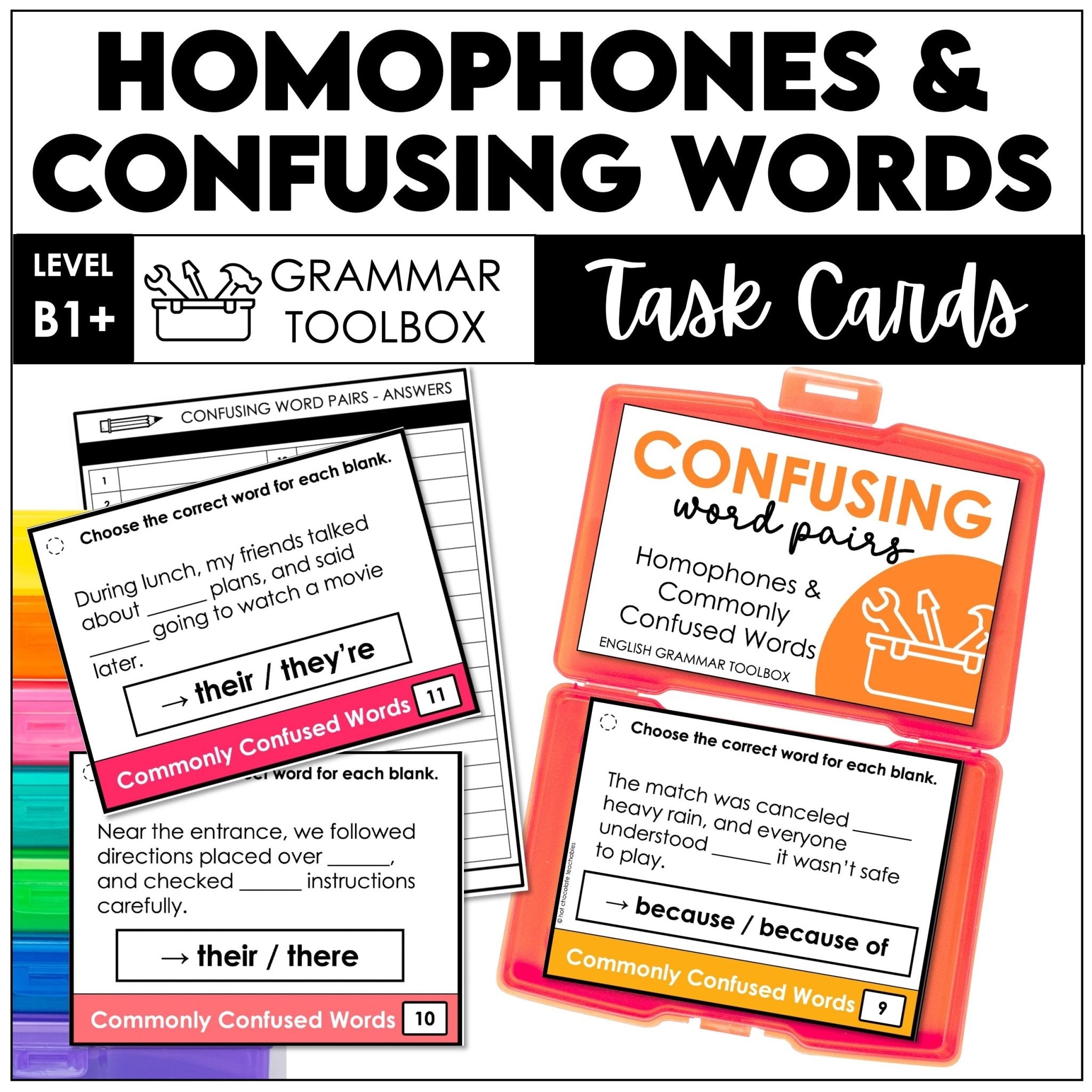 Commonly Confused Words & Homophones Task Cards – ESL Grammar (B1–B2) - Hot Chocolate Teachables