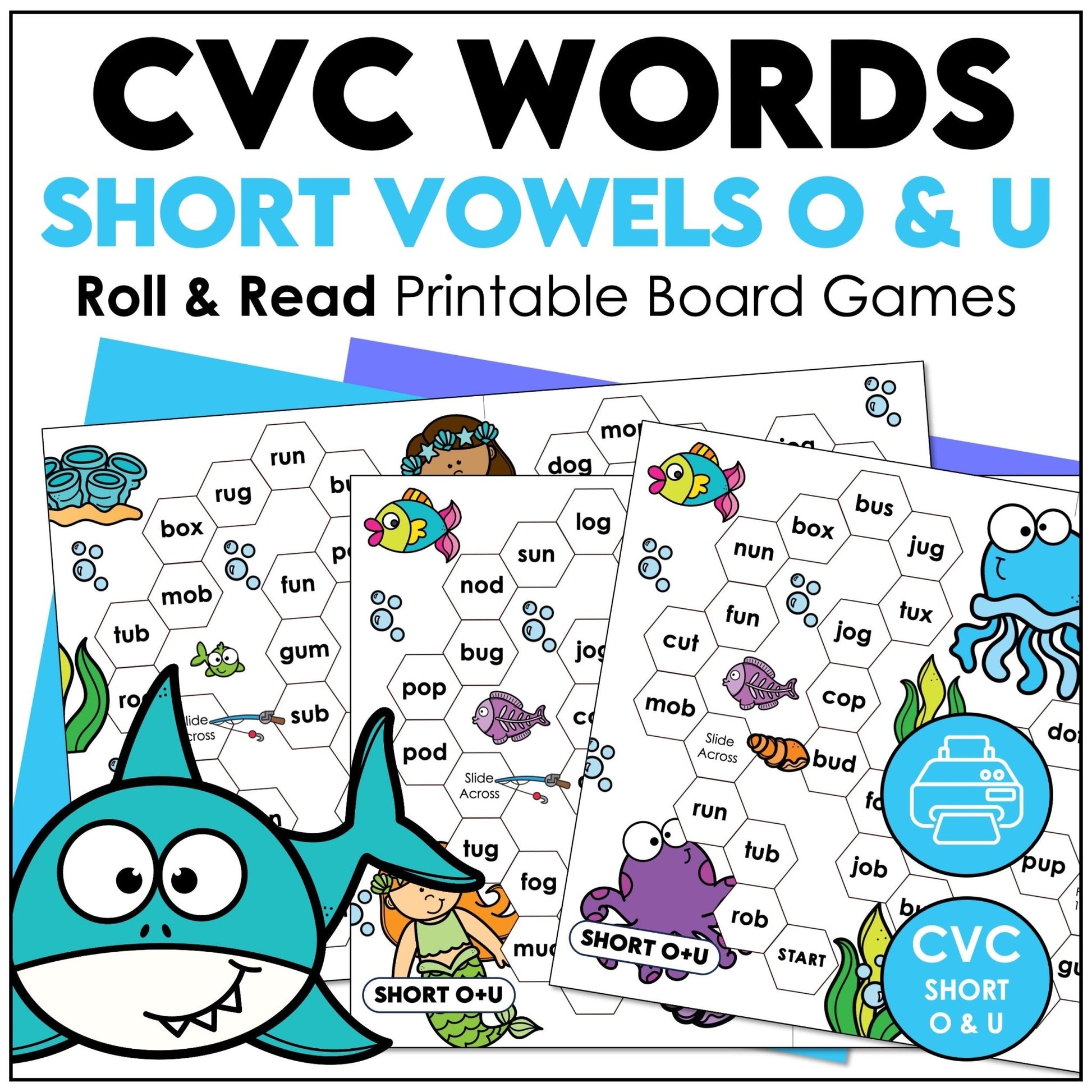 CVC Short O & U Roll & Read Board Games – Word Fluency & Phonics Practice - Hot Chocolate Teachables