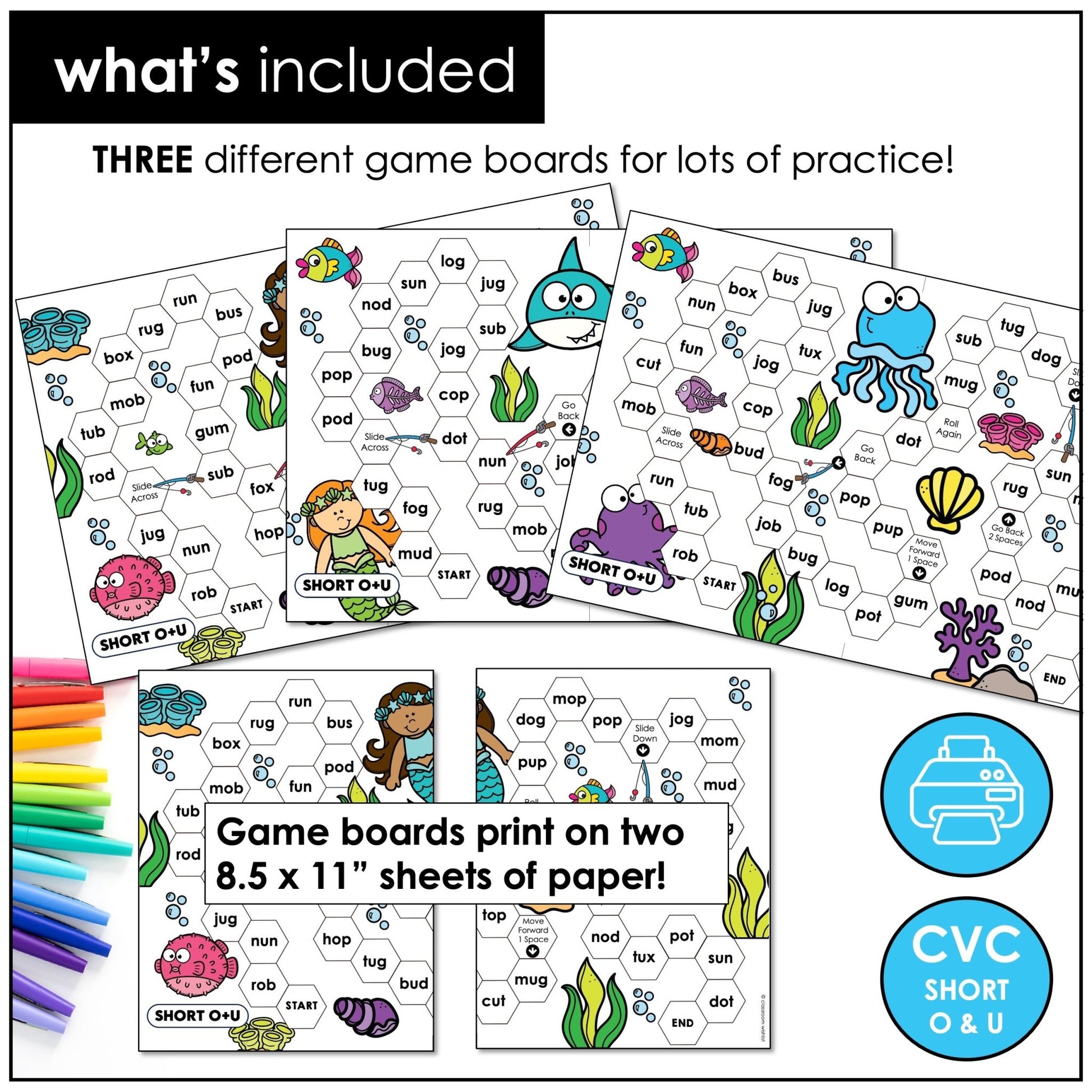CVC Short O & U Roll & Read Board Games – Word Fluency & Phonics Practice - Hot Chocolate Teachables